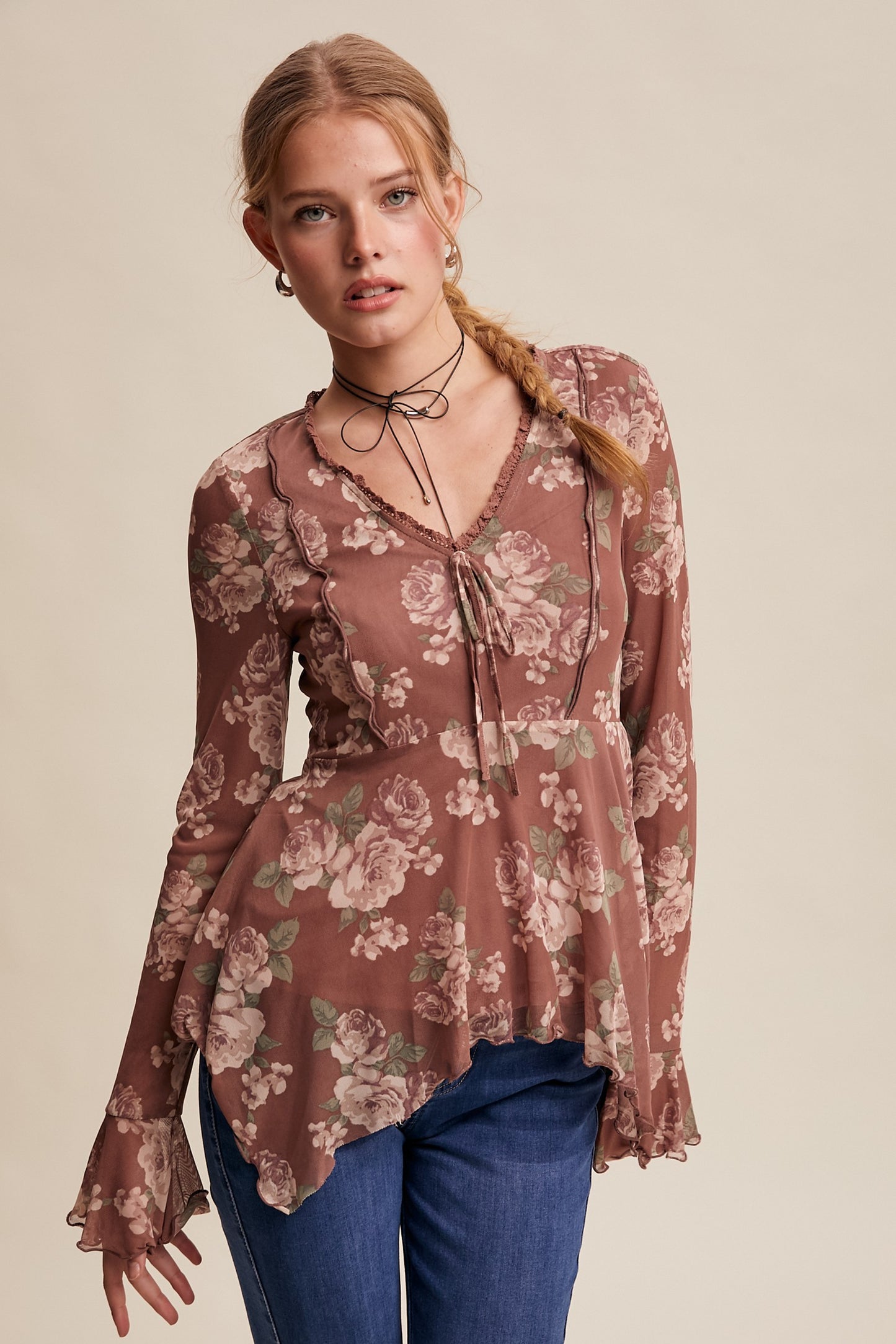 Floral Mesh Handkerchief Blouse