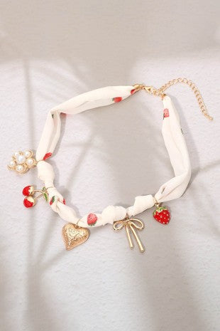 Heart Bow Pearl Flower Fabric Scarf Necklace