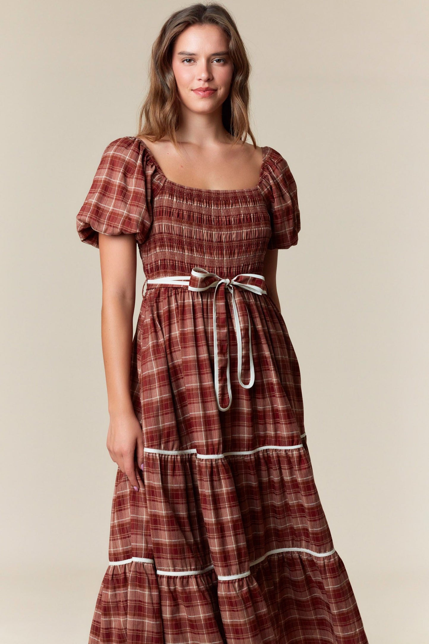 Plaid Smocked Tiered Midi Dress