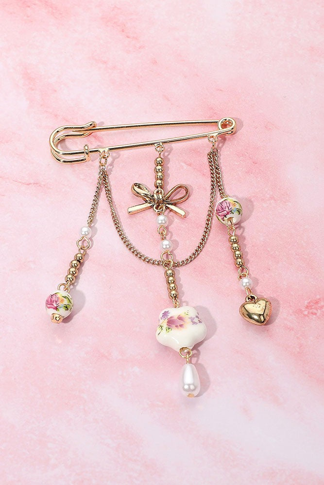 Inspired Floral Ceramic Ball Safety Pin Brooch