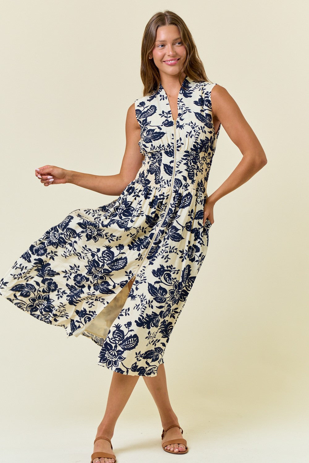Paisley Printed Smocked Waist Zip Front Dress
