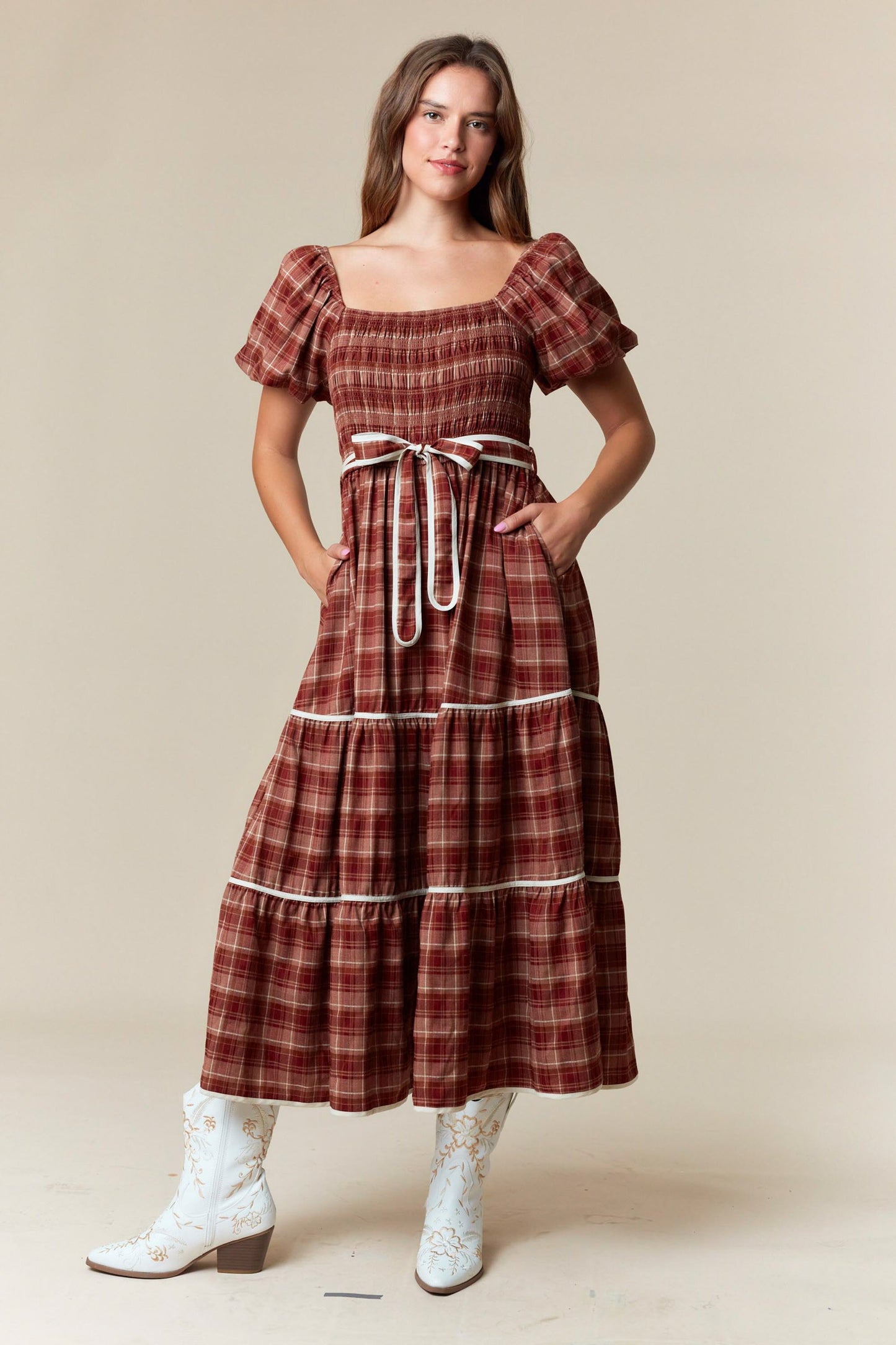 Plaid Smocked Tiered Midi Dress