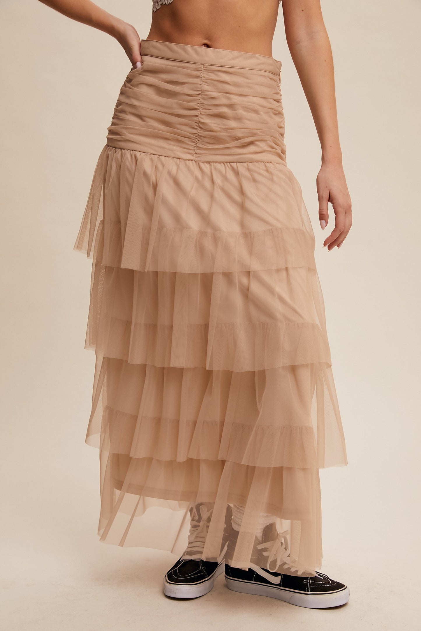 Cinched Tiered Romantic Mesh Skirt