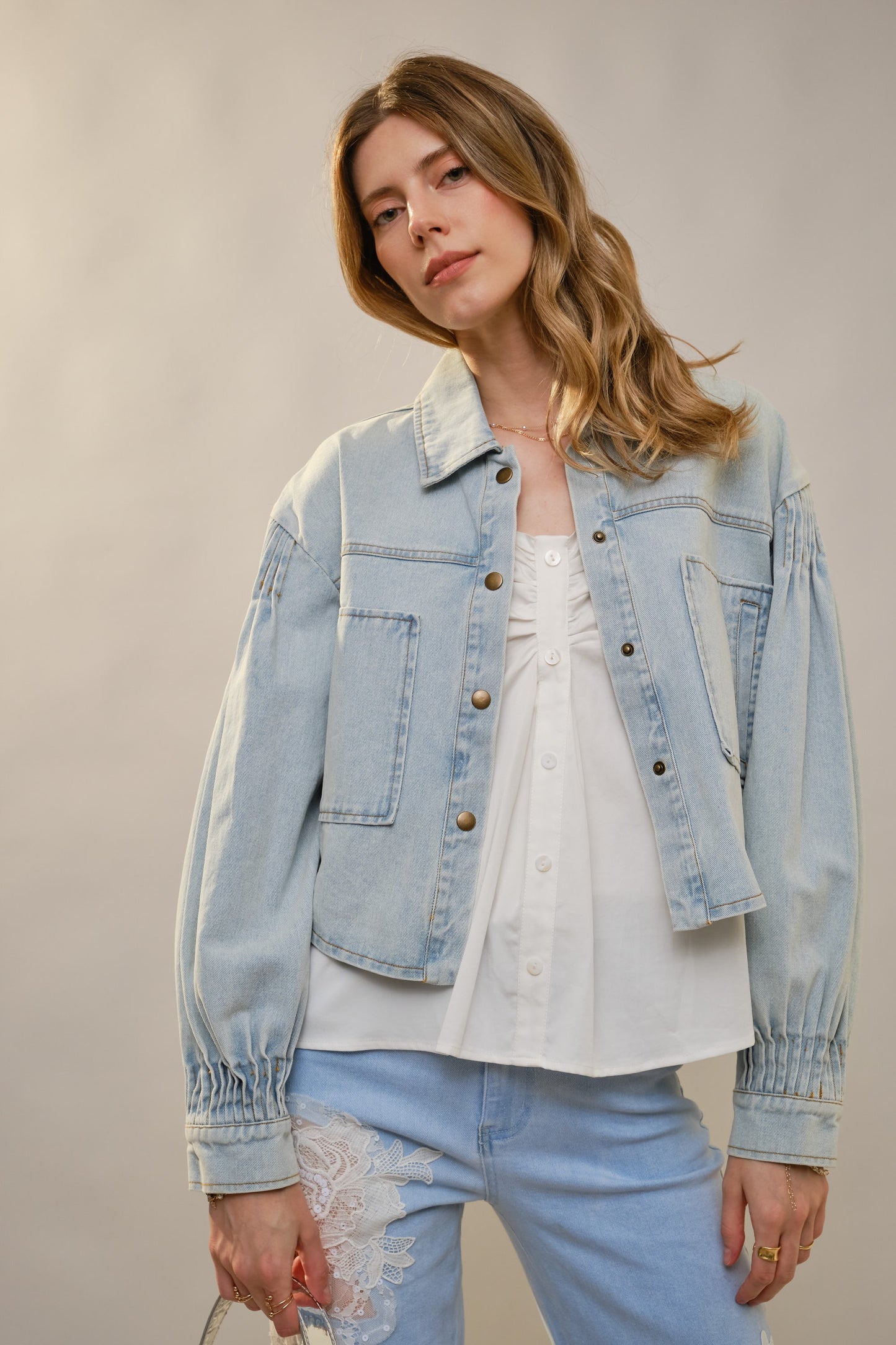 Pintuck Puff Sleeve Cropped Denim Shirt Jacket