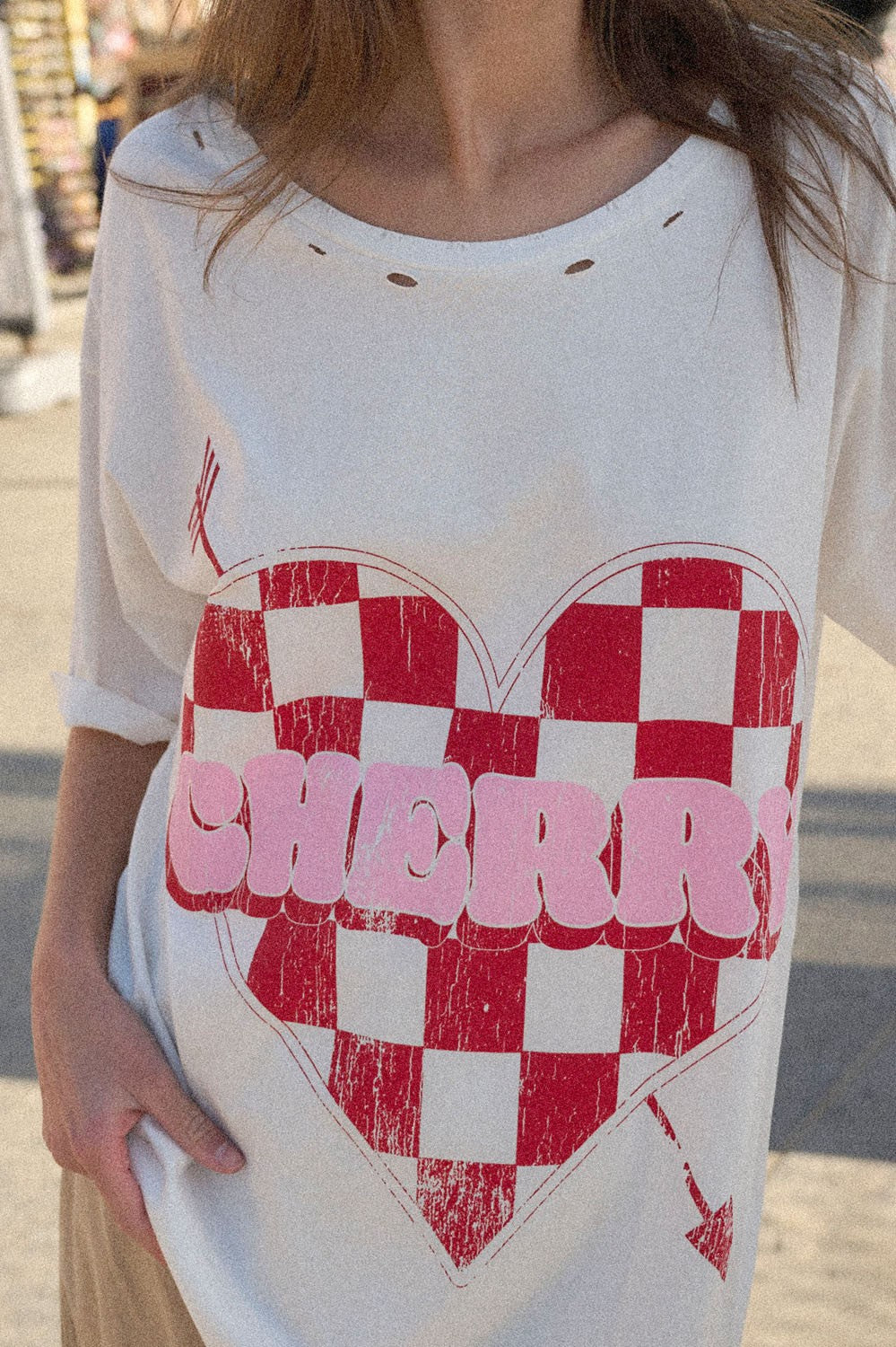 Cherry Heart Checker Oversized Distressed Tee
