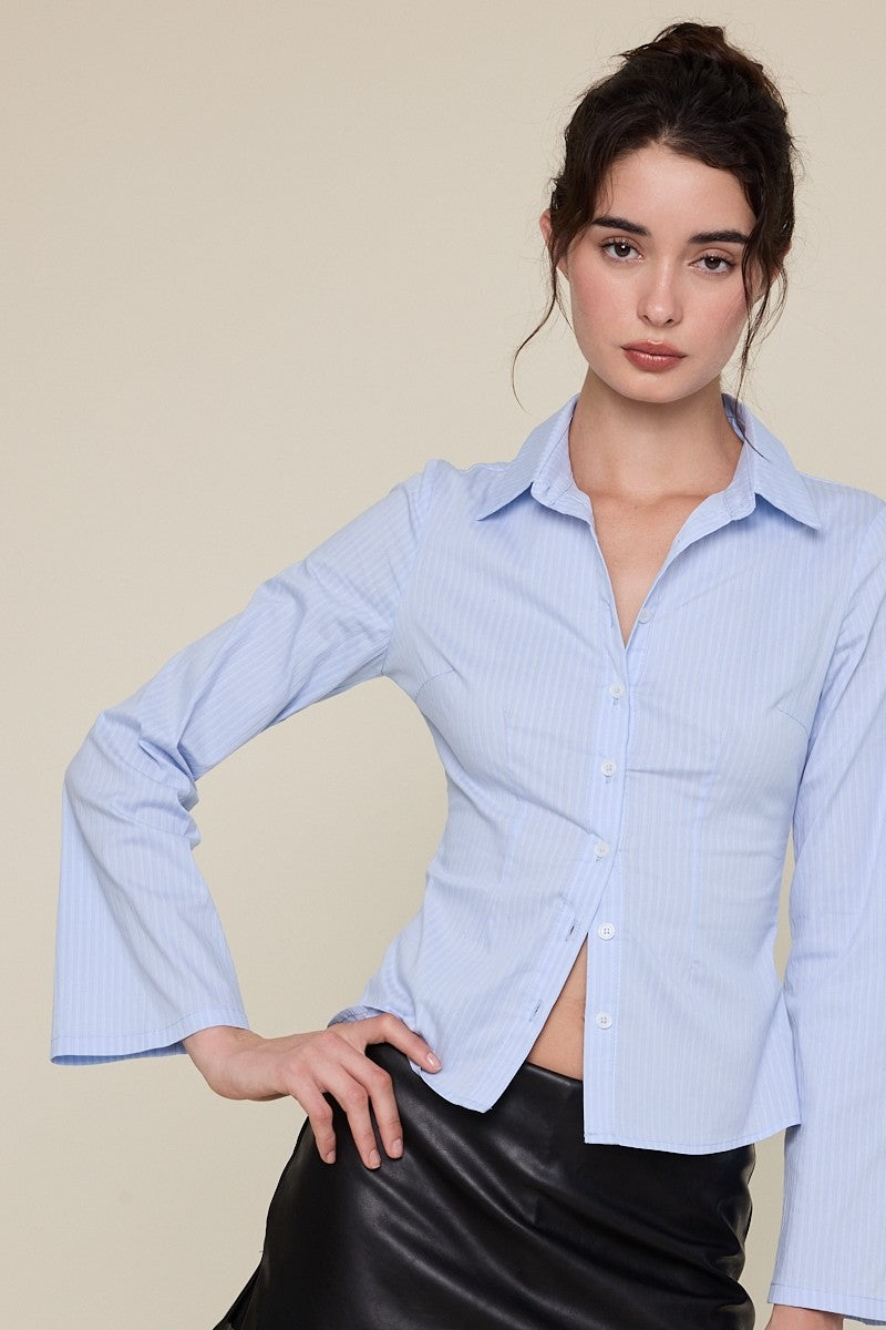 Pinstripe Flare Sleeve Button Down Top