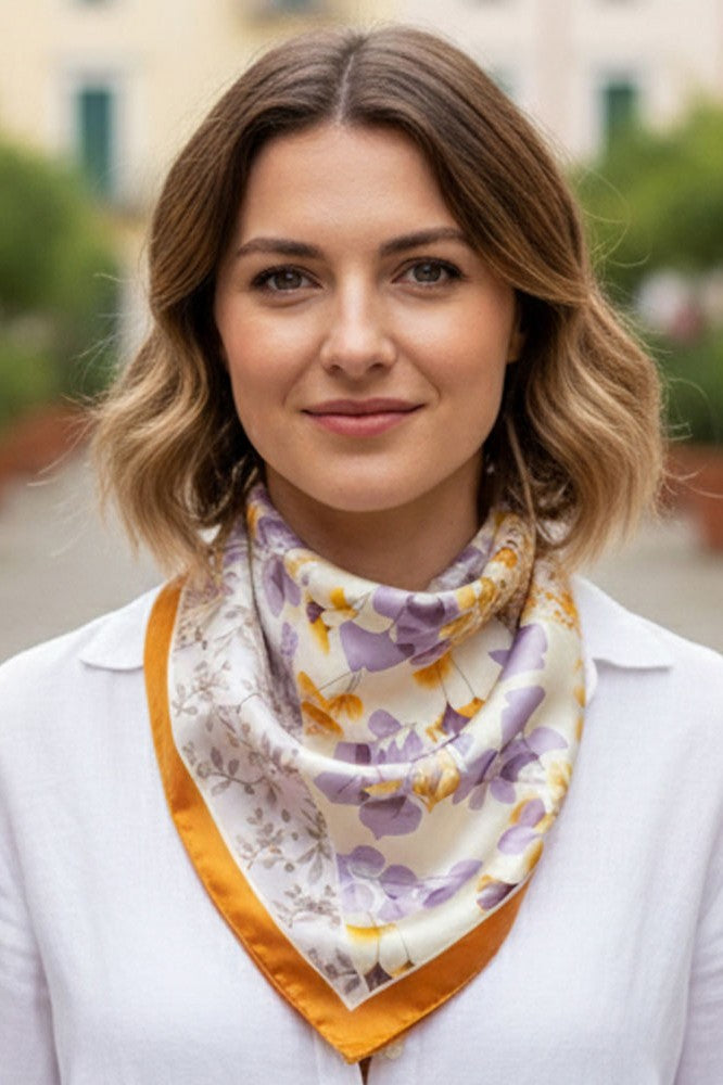 Floral Patchwork Silky Bandana Scarf- Orange