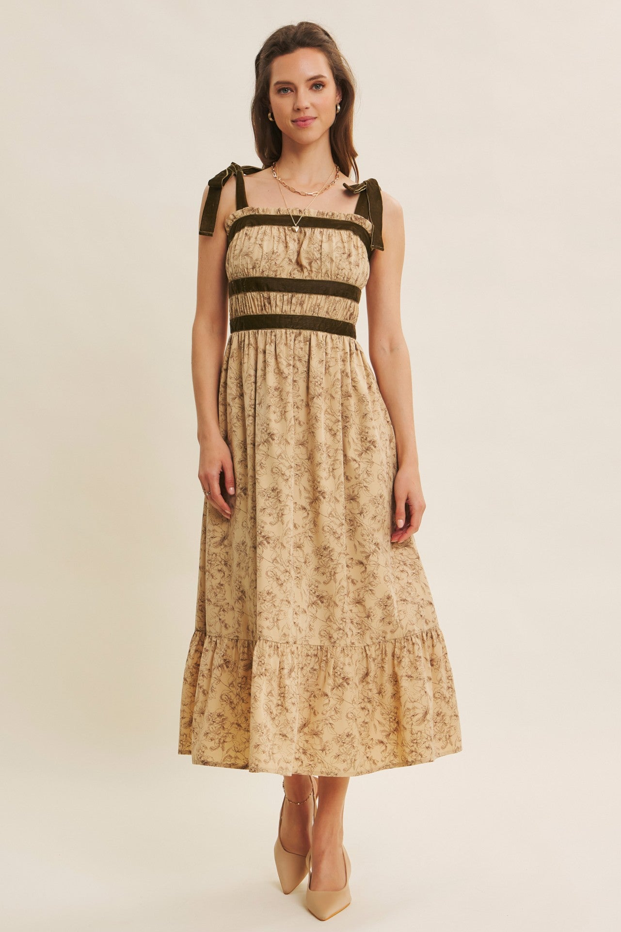 Romantic Velvet Tied Floral Smocked Midi Dress