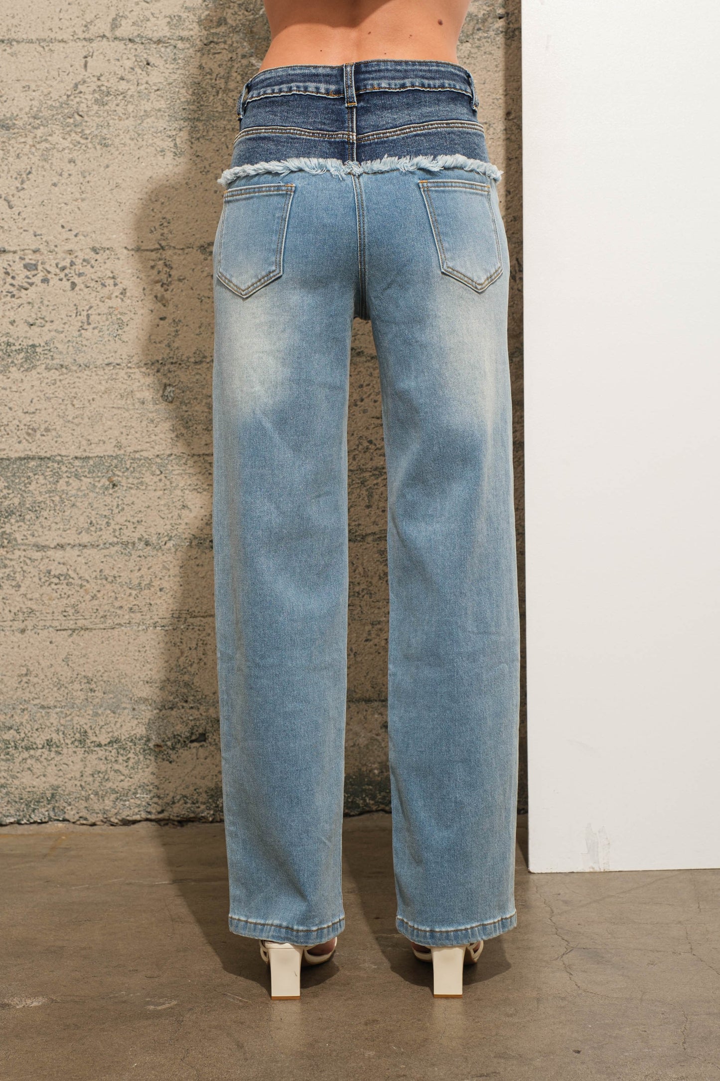 Layered Raw Cut Waistband Mid Rise Jean