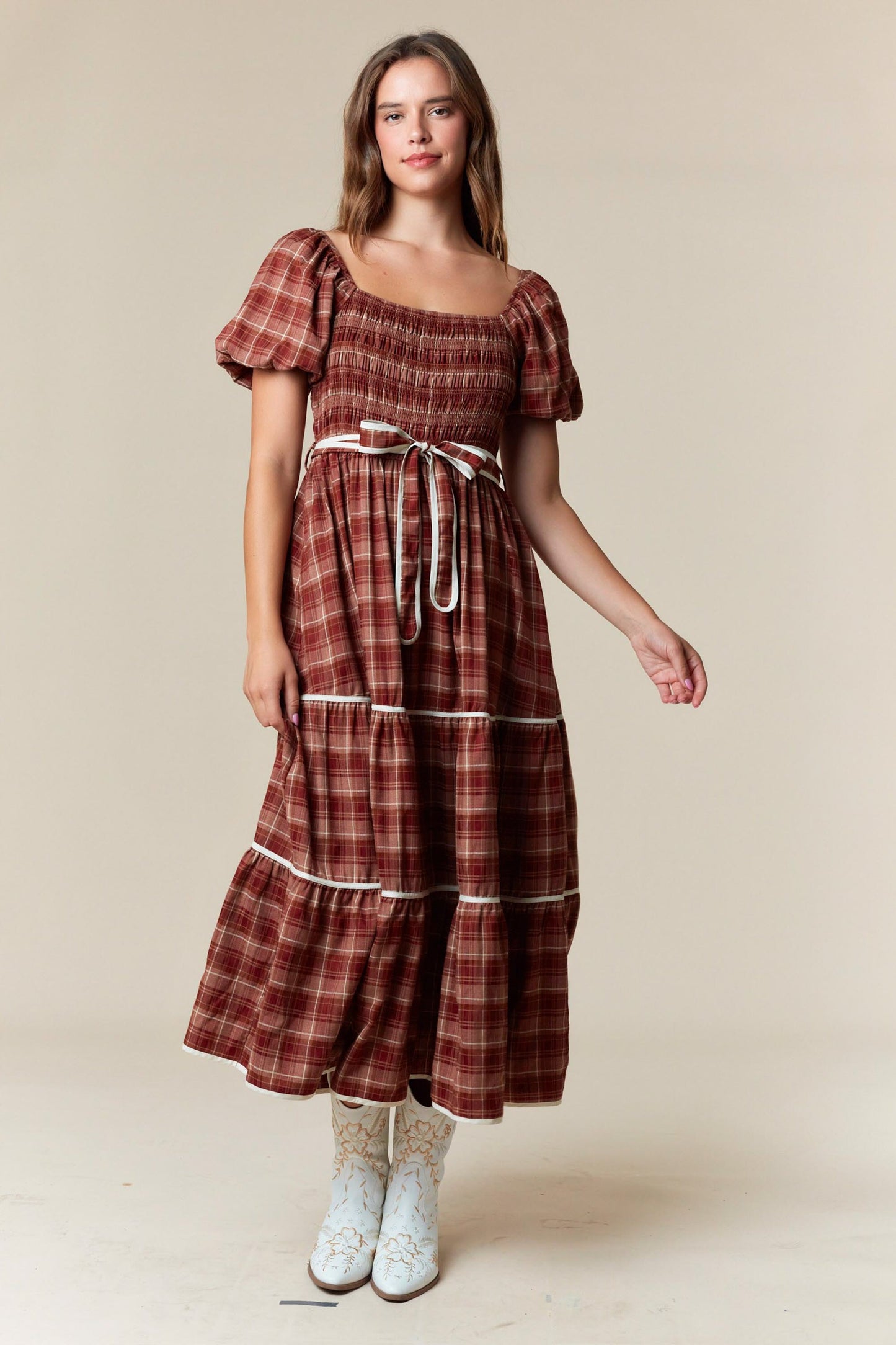 Plaid Smocked Tiered Midi Dress