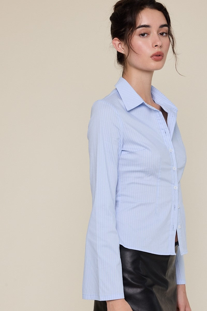 Pinstripe Flare Sleeve Button Down Top
