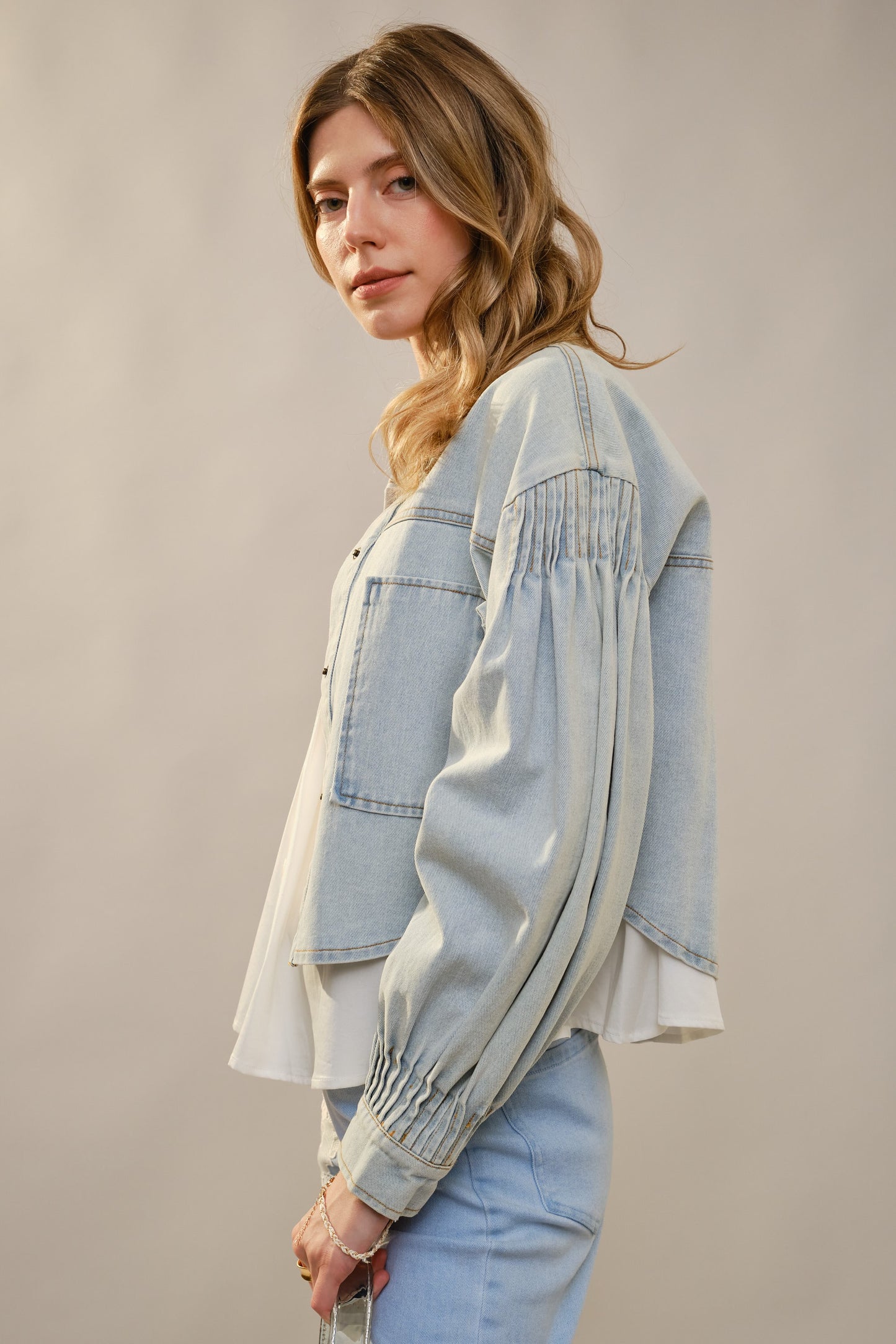 Pintuck Puff Sleeve Cropped Denim Shirt Jacket