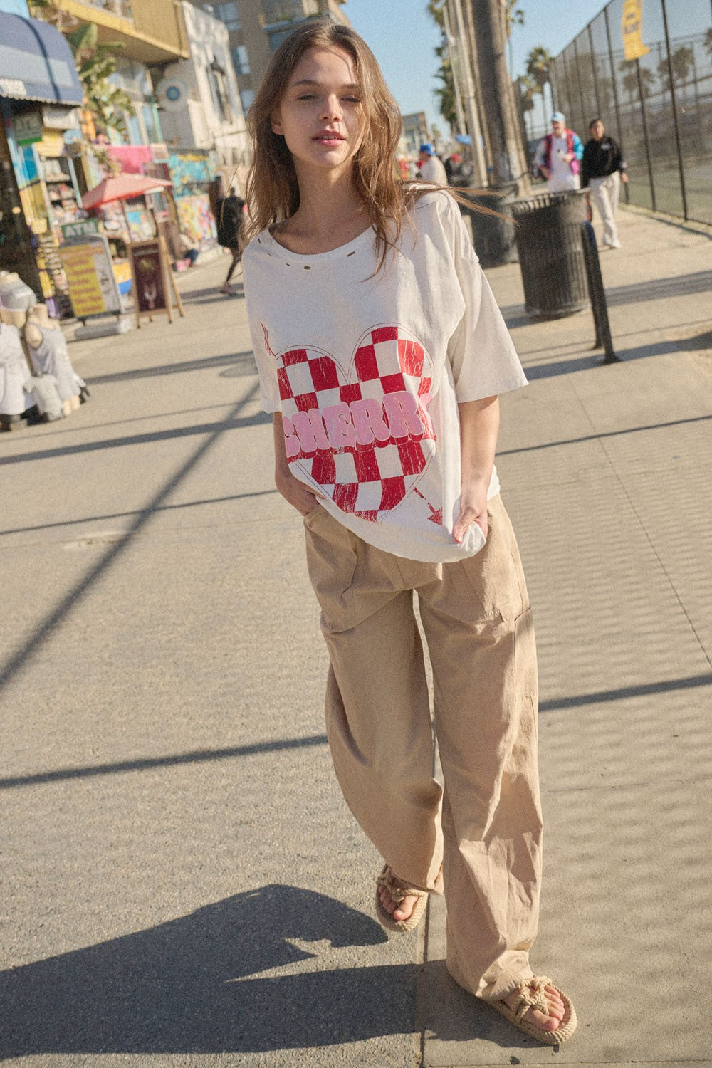 Cherry Heart Checker Oversized Distressed Tee