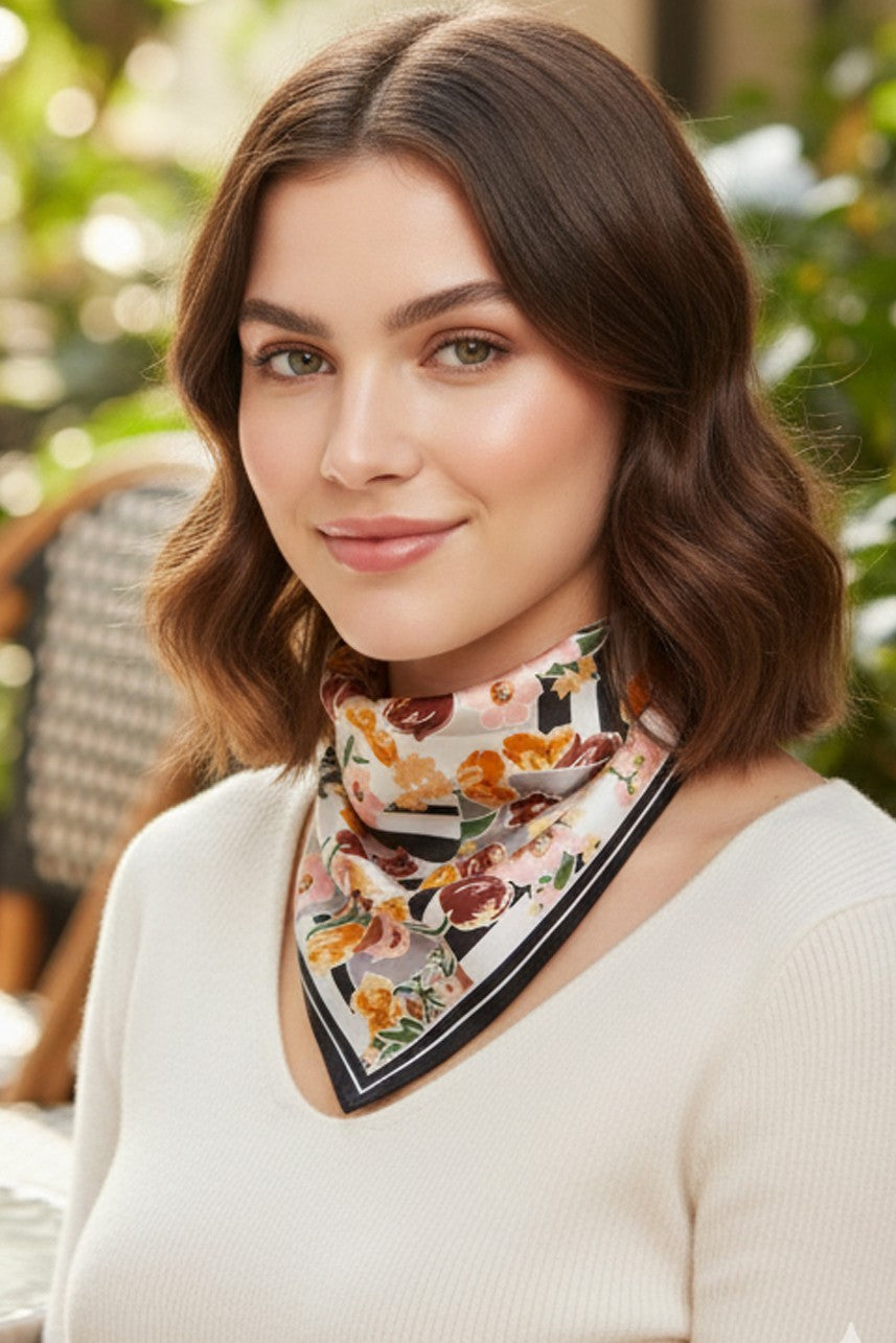 Geometric Floral Silky Bandana Scarf- Black