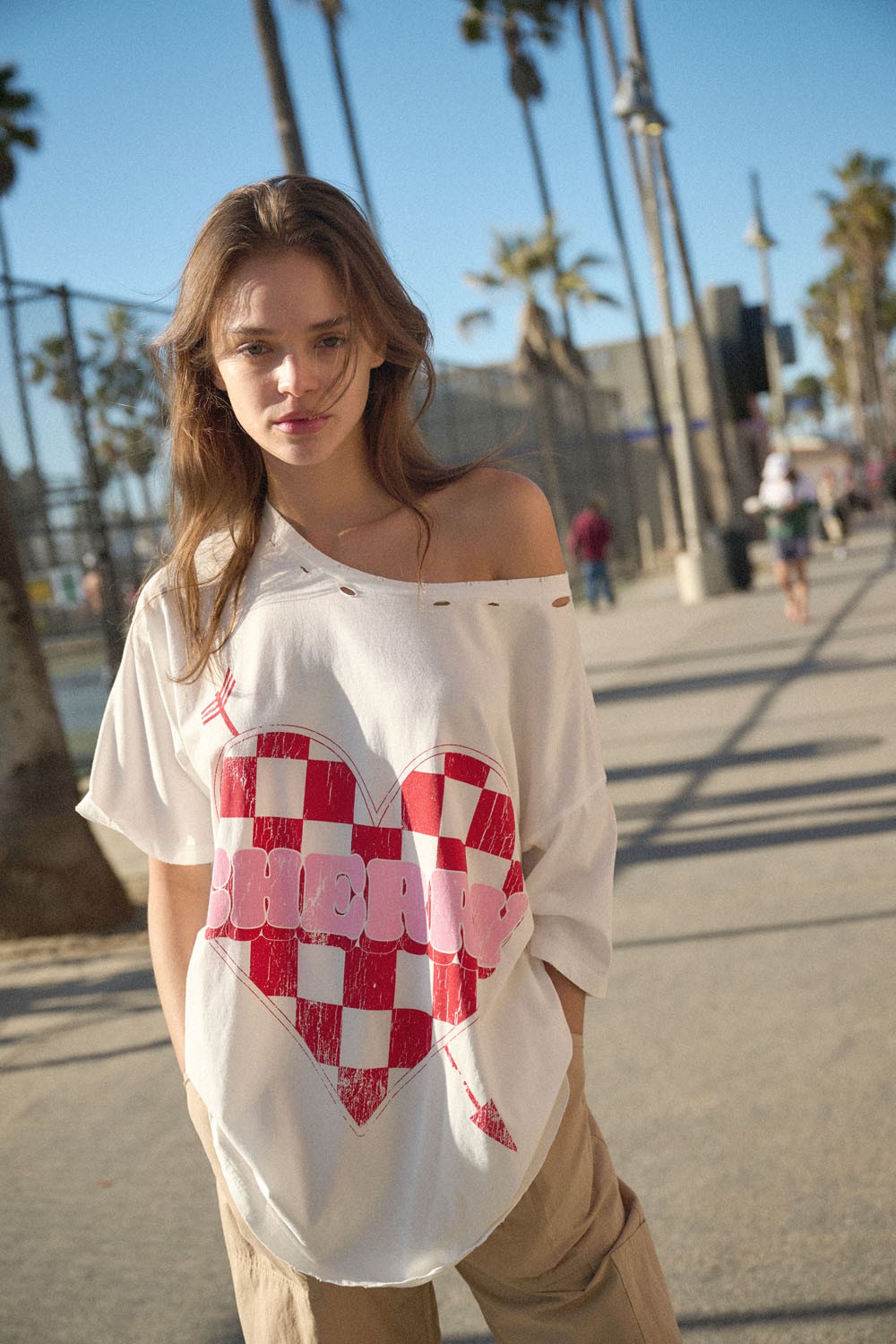 Cherry Heart Checker Oversized Distressed Tee