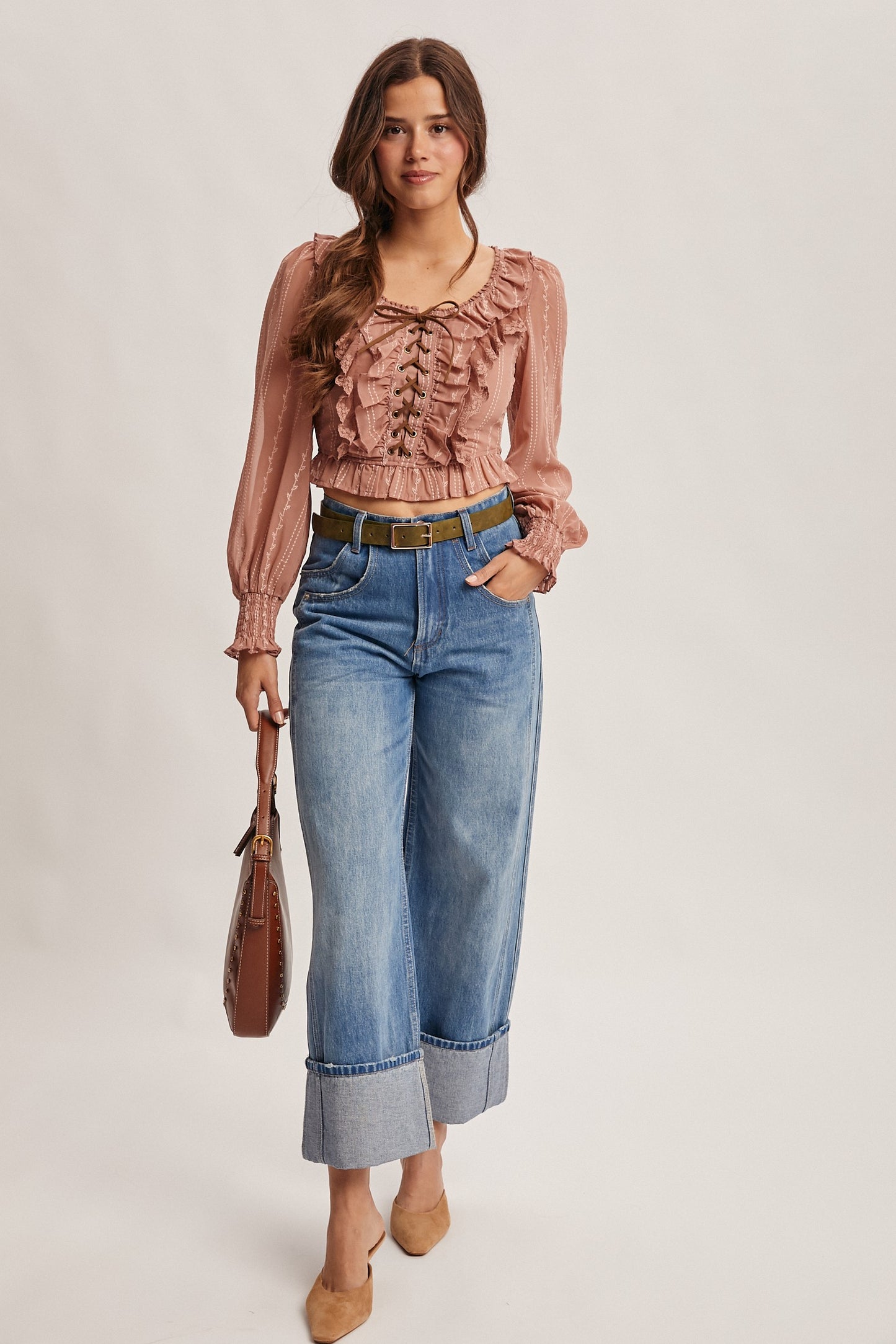 Ruffle Lace Up Smocked Blouse