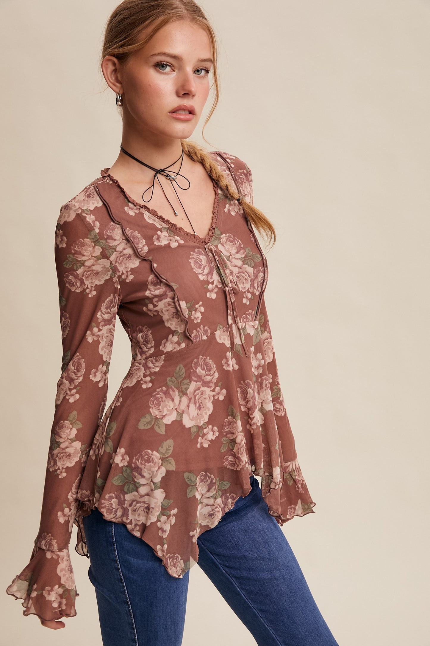 Floral Mesh Handkerchief Blouse