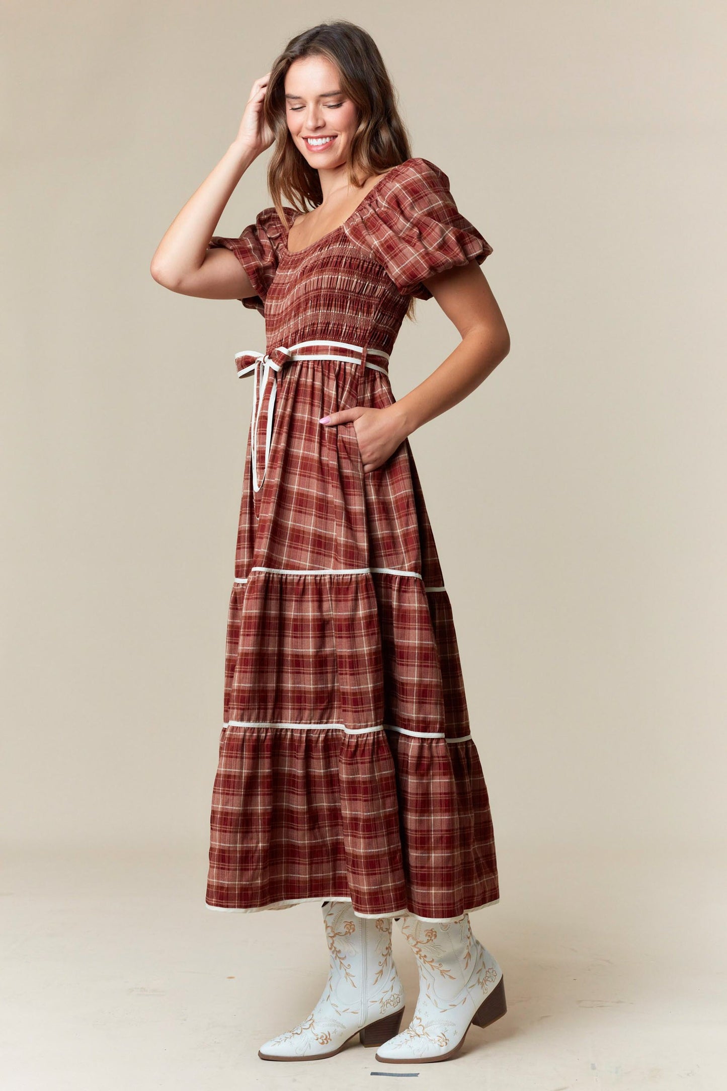 Plaid Smocked Tiered Midi Dress
