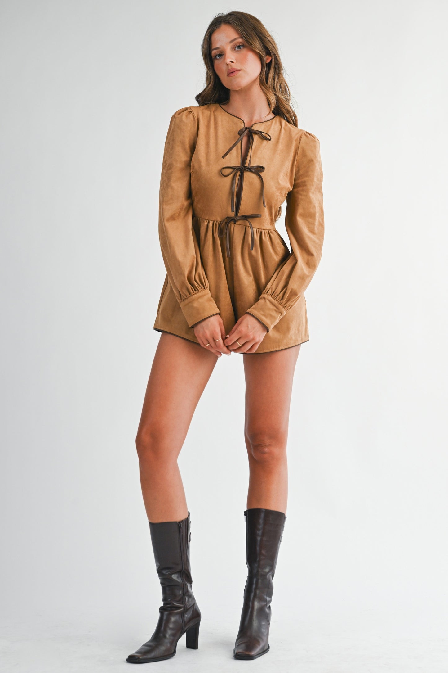 Suede Feel Front Tie Romper