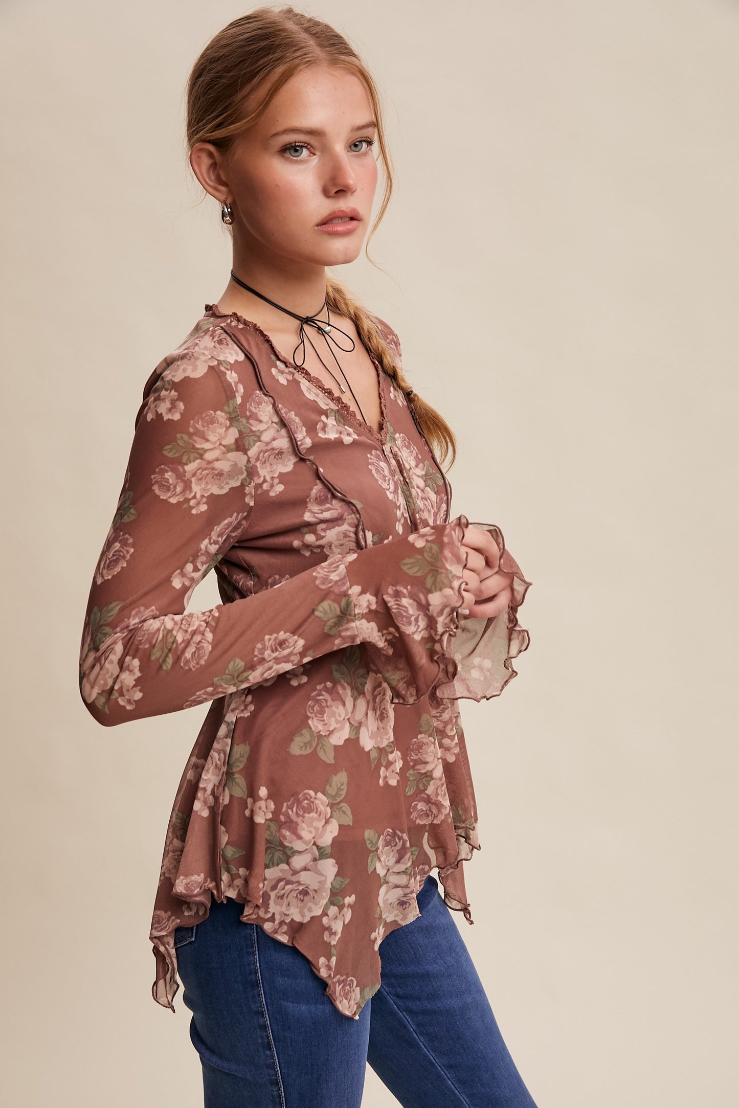 Floral Mesh Handkerchief Blouse