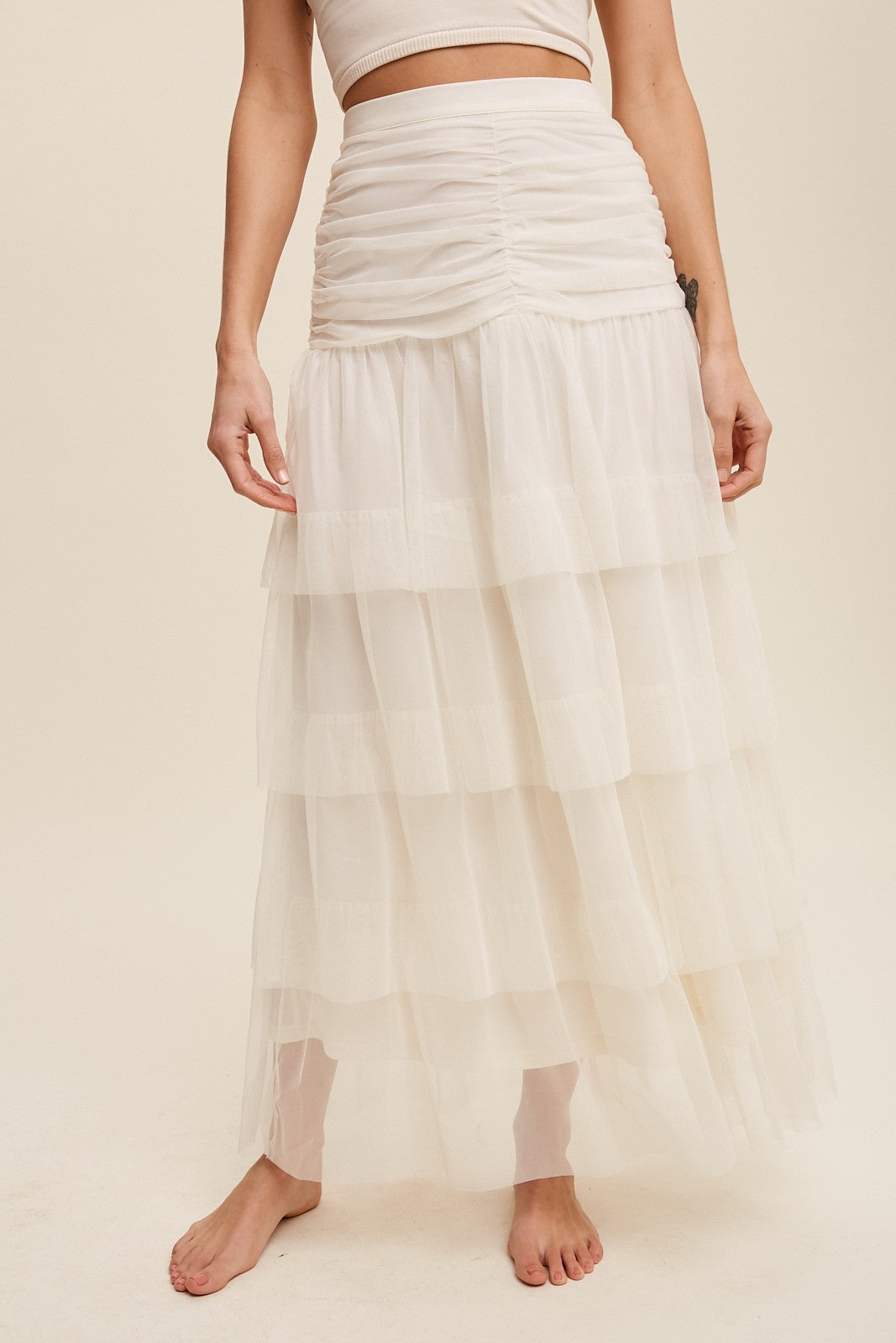 Cinched Tiered Romantic Mesh Skirt