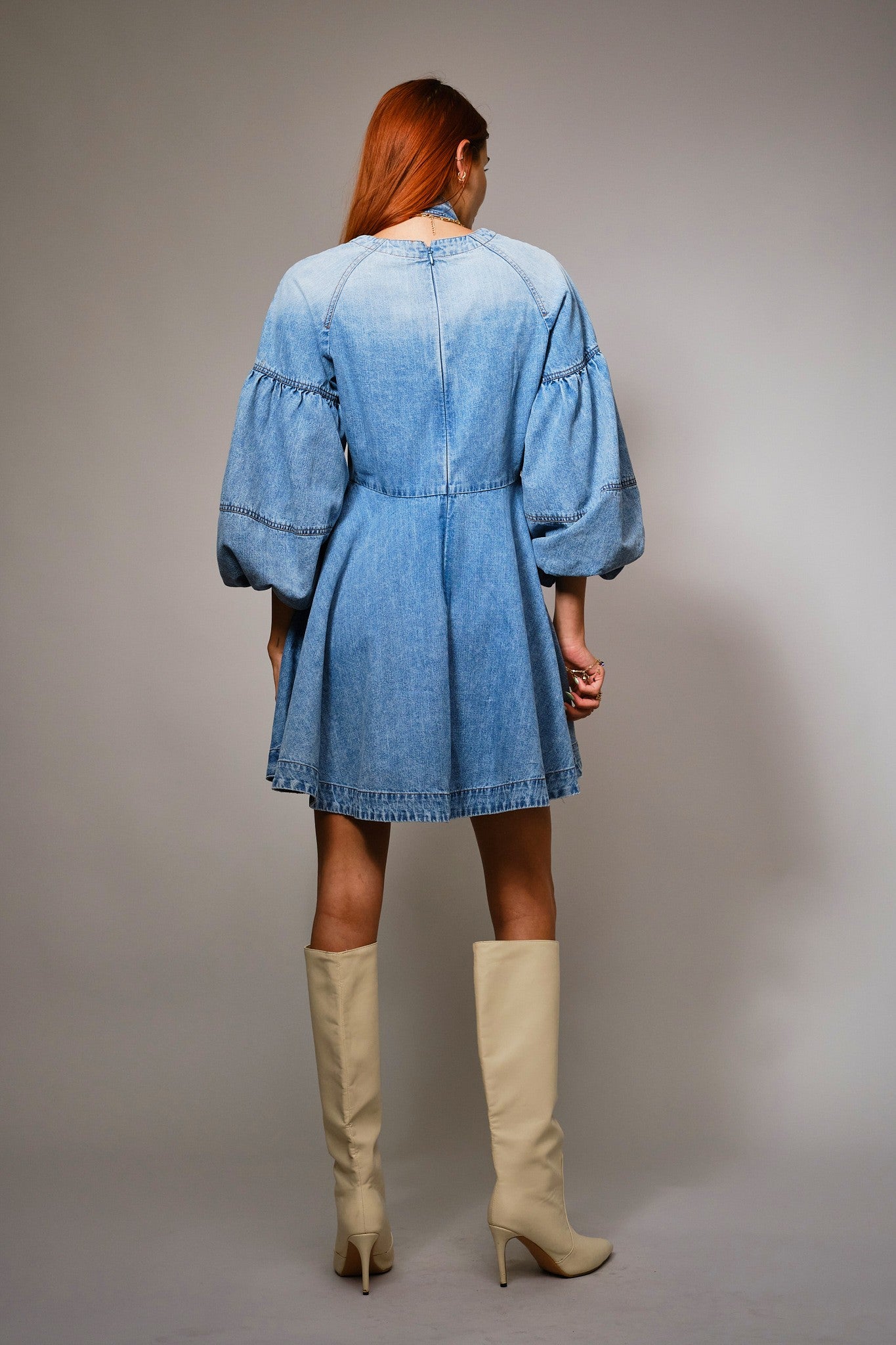 Tie Neck Balloon Sleeve Denim Dress