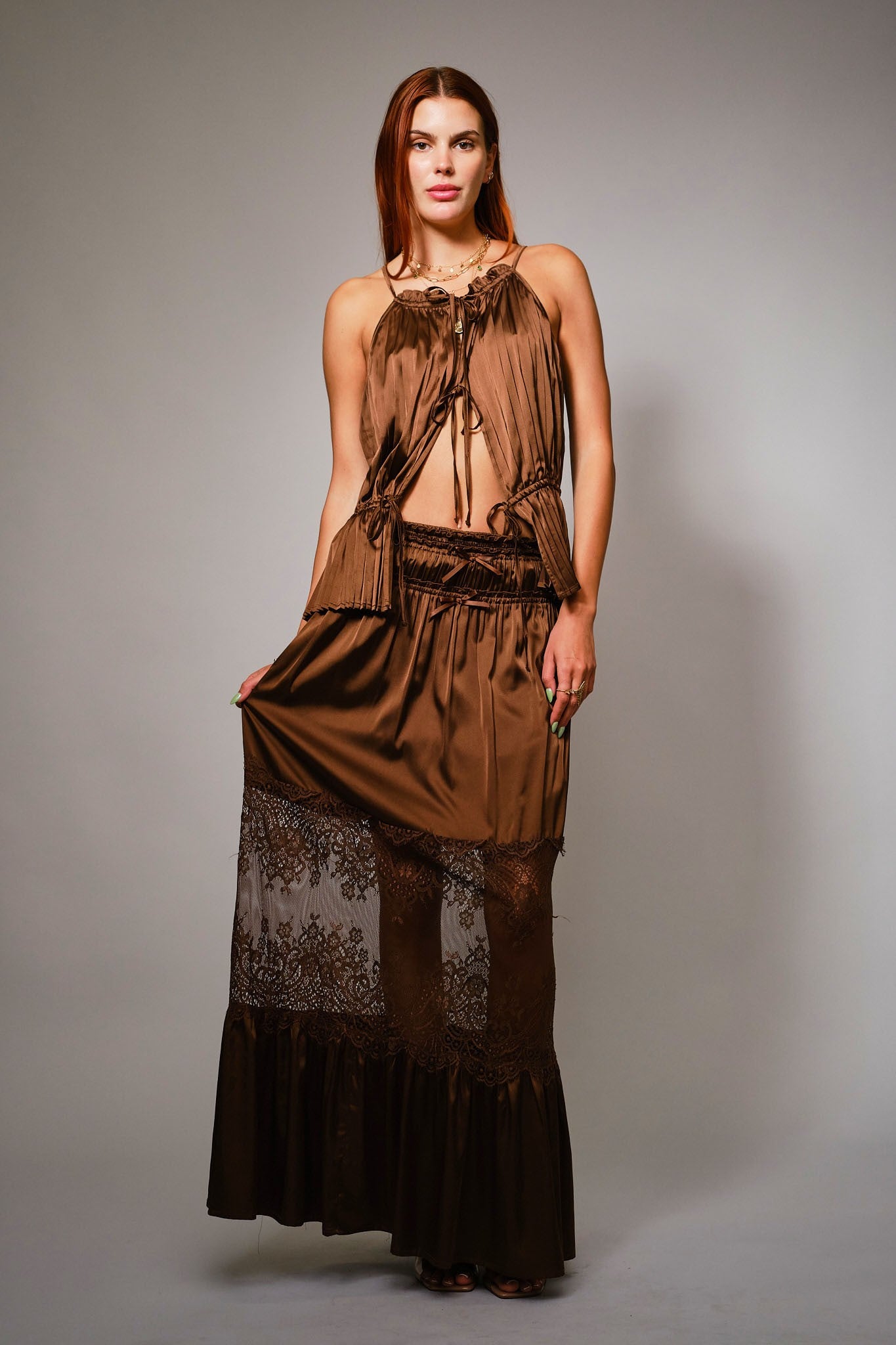 Lace Insert Satin Maxi Skirt