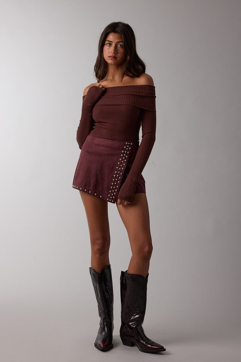 Suede Studded Wrapped Skort