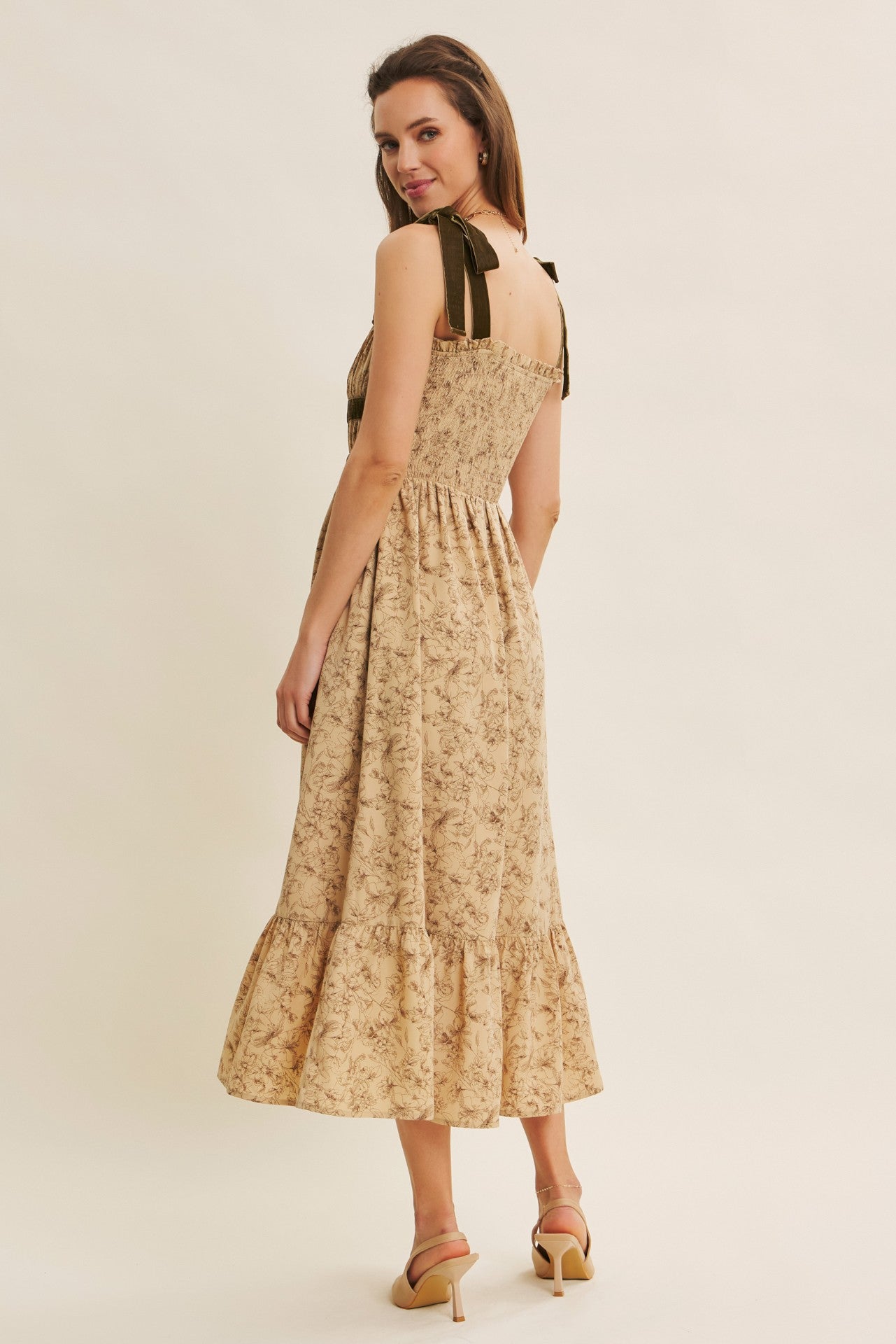 Romantic Velvet Tied Floral Smocked Midi Dress
