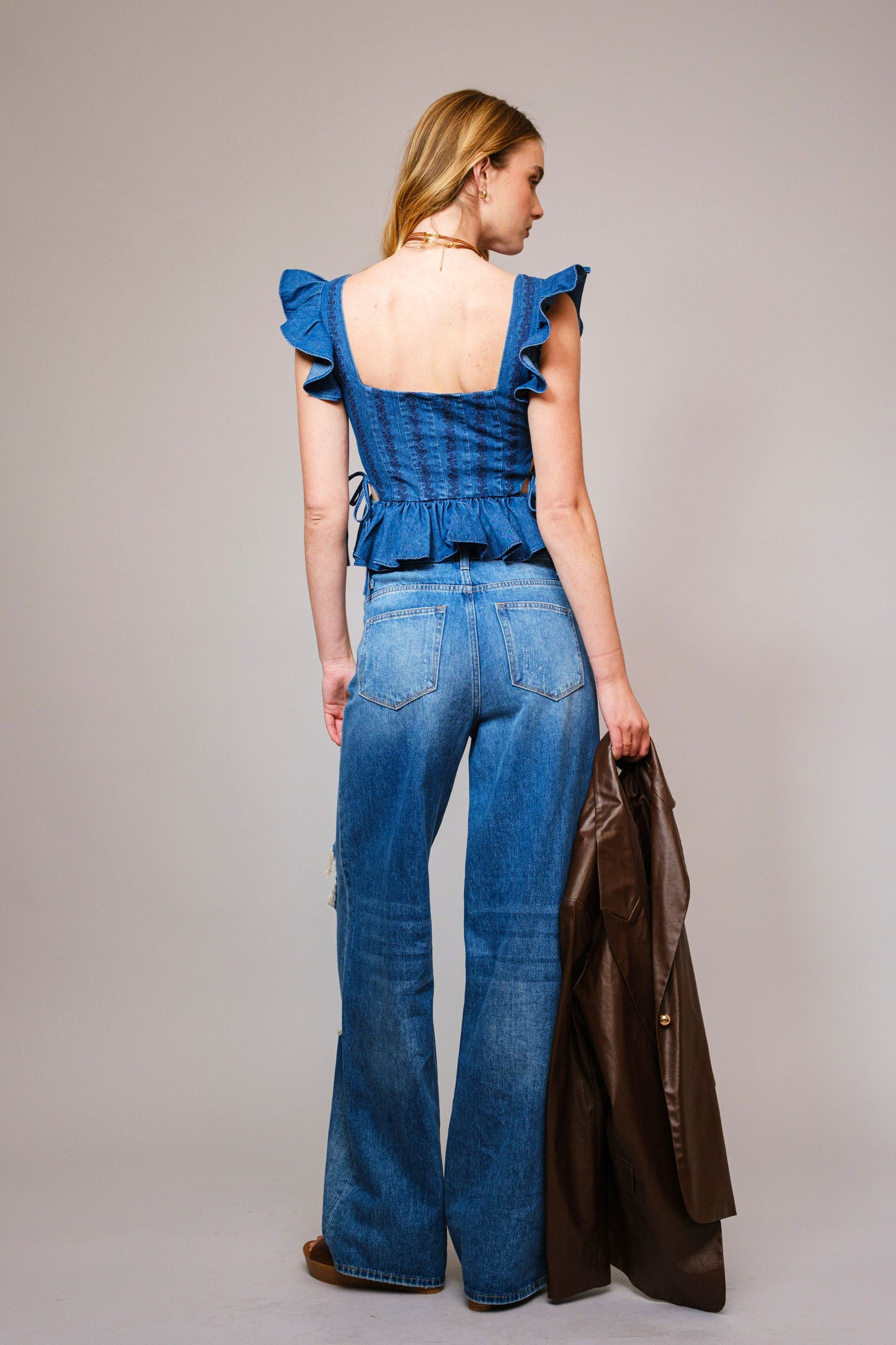 Embroidered Ruffle Sleeve Denim Corset