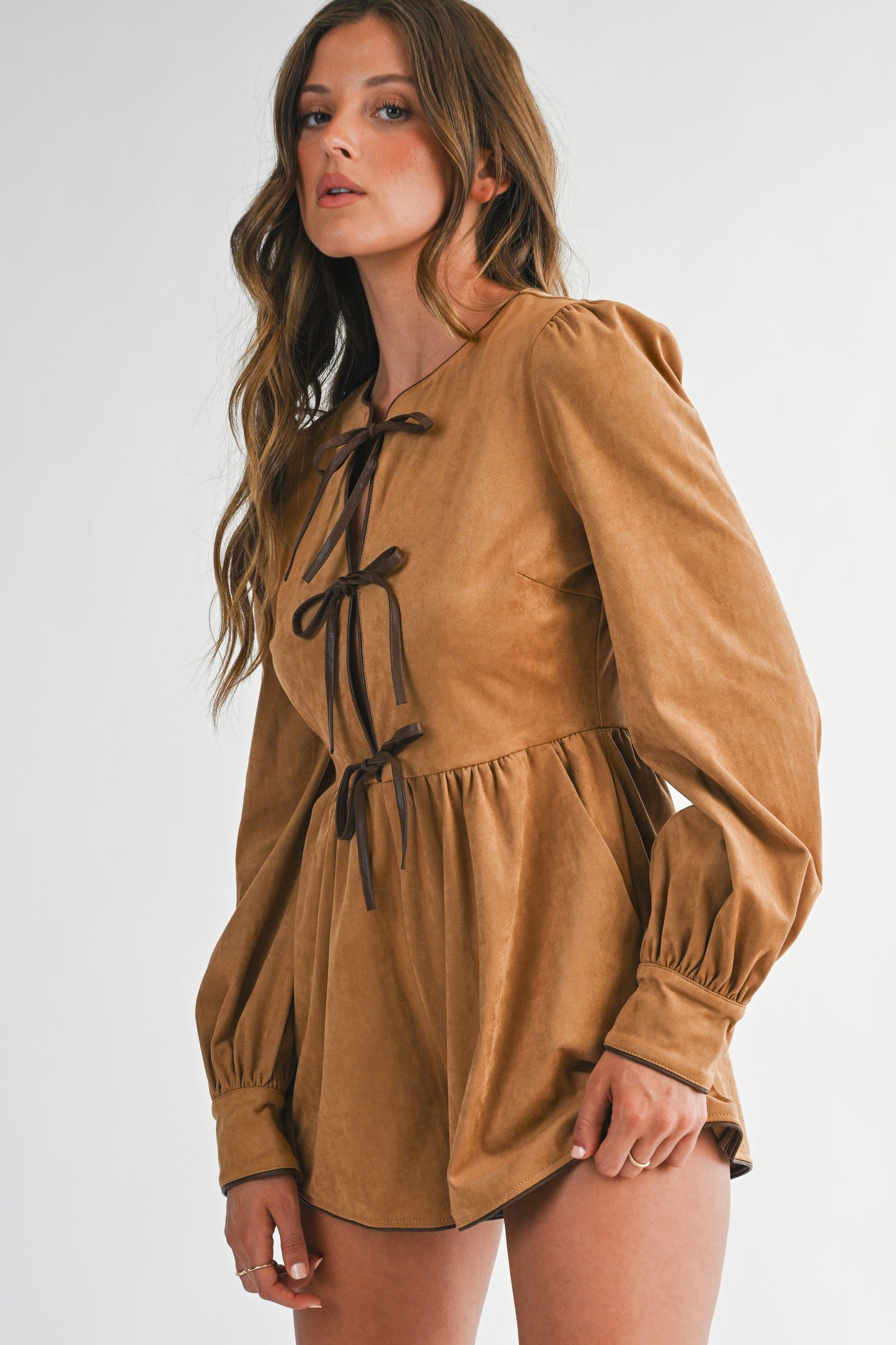 Suede Feel Front Tie Romper