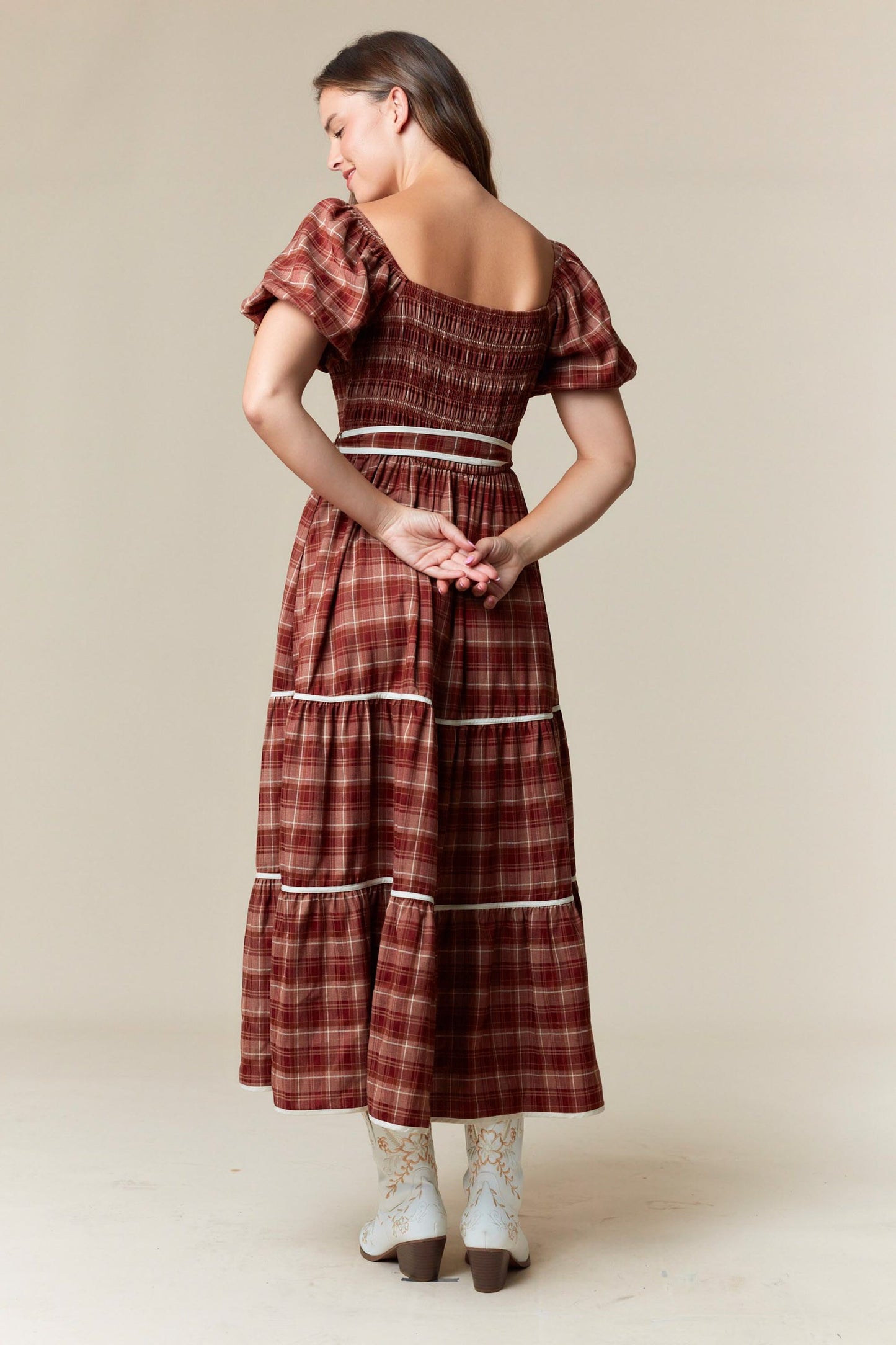 Plaid Smocked Tiered Midi Dress