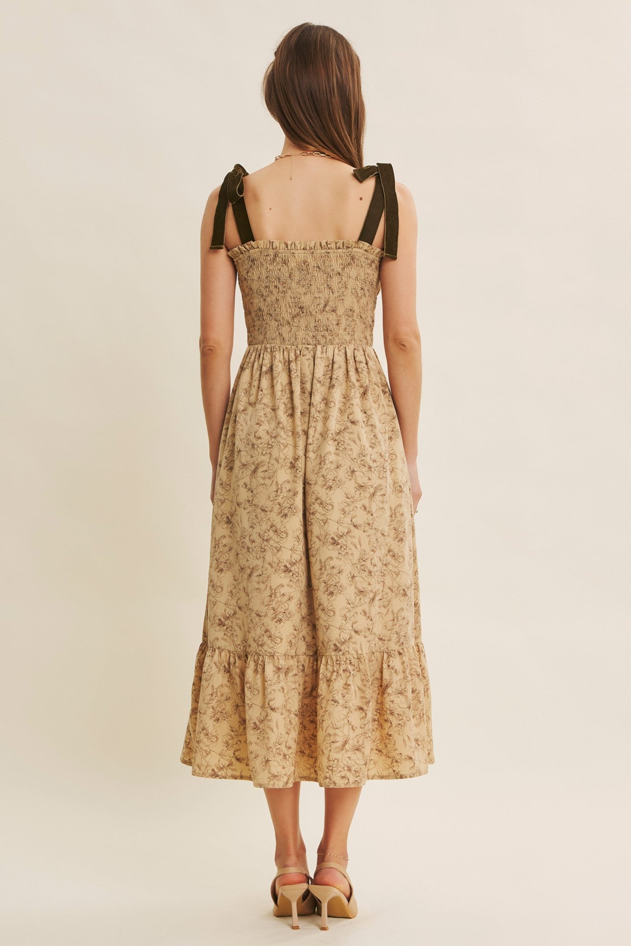 Romantic Velvet Tied Floral Smocked Midi Dress