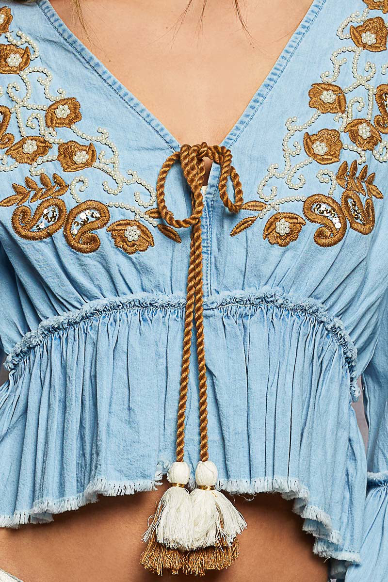 Flora Western Embroidered Tassel Top