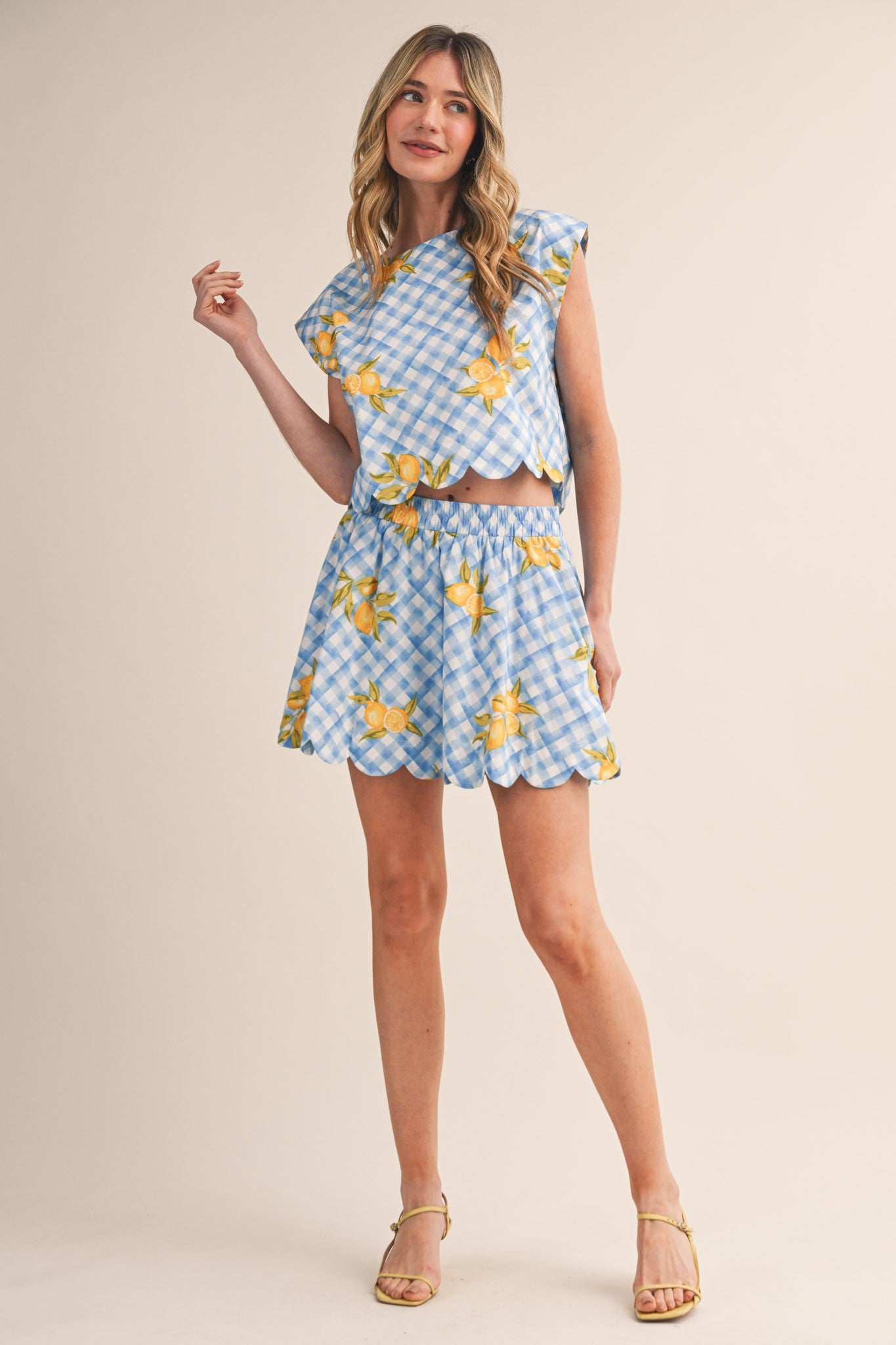 Gingham Lemon Scalloped Top & Mini Skort Set