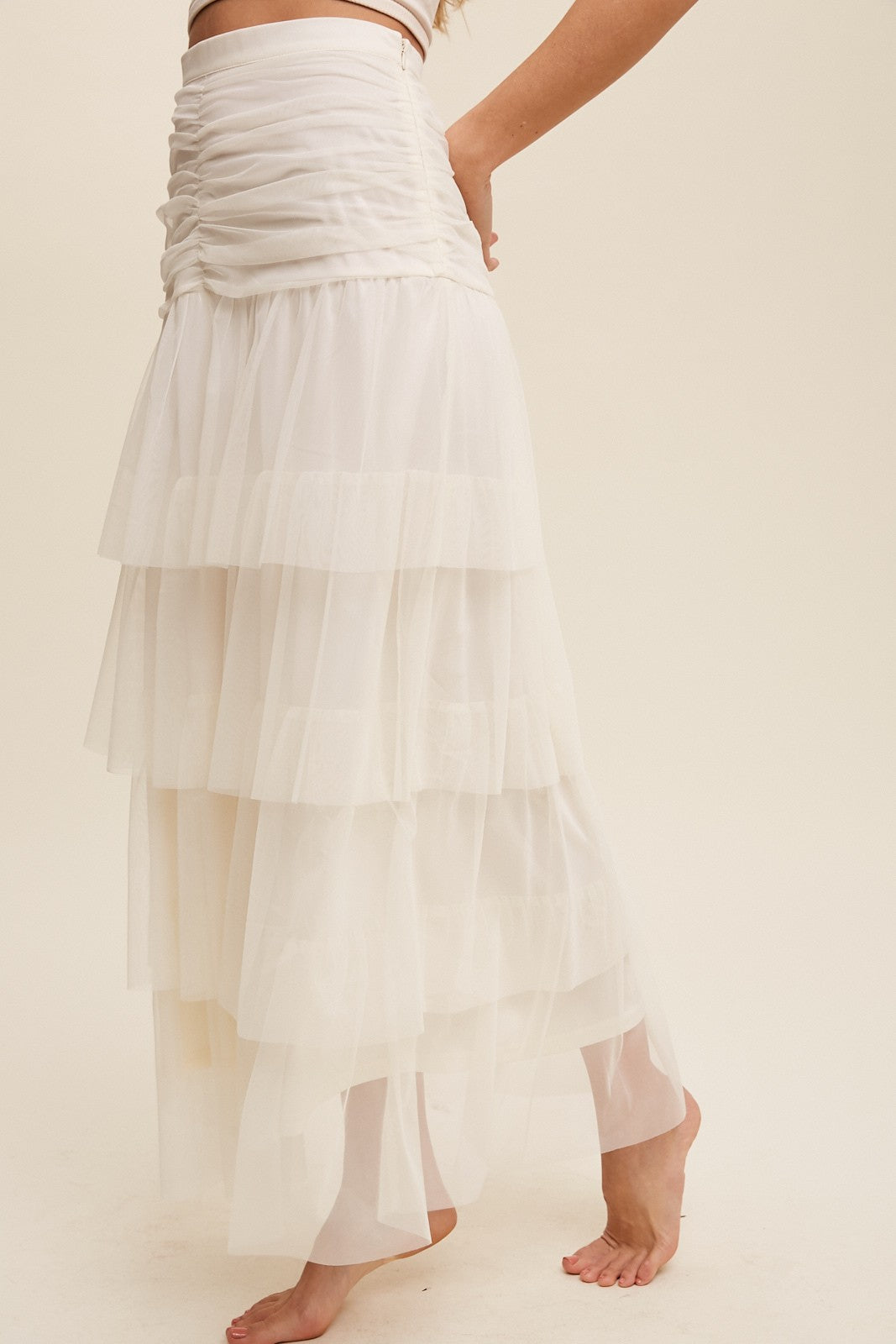 Cinched Tiered Romantic Mesh Skirt