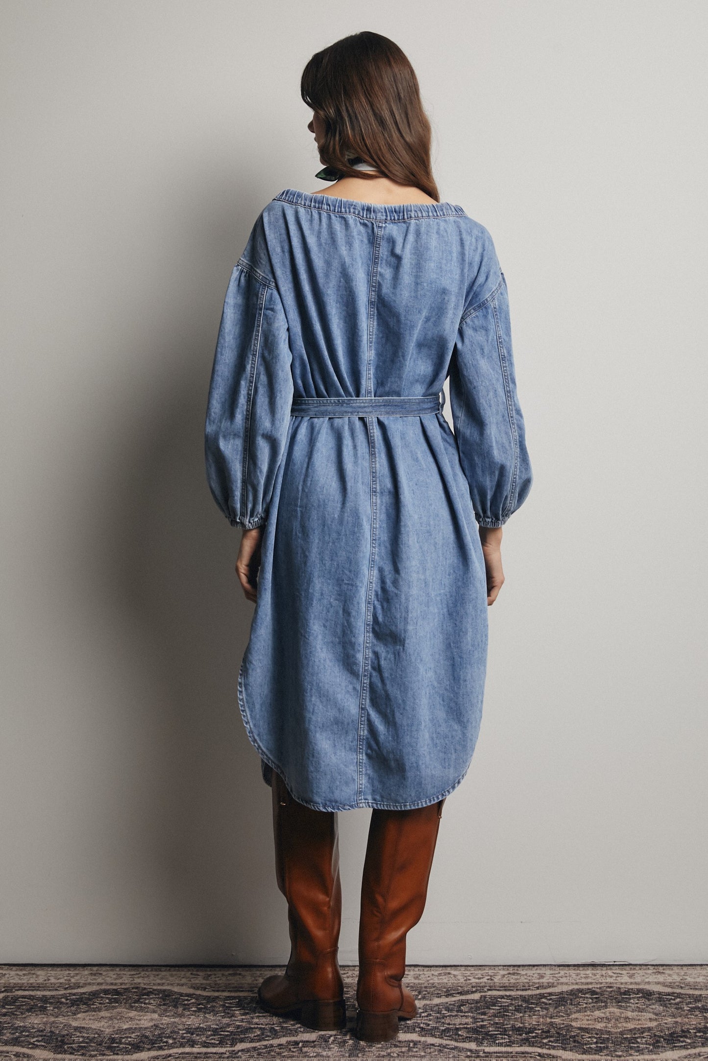 Off Shoulder Belted Denim Shirt Dress