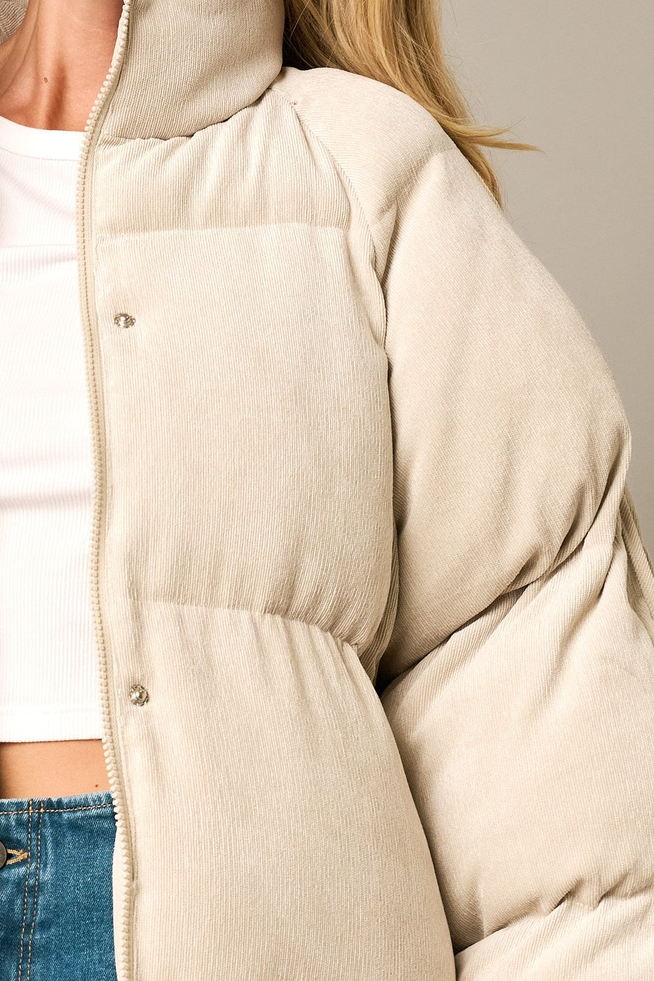 Corduroy Long Zip Up Puffer Jacket