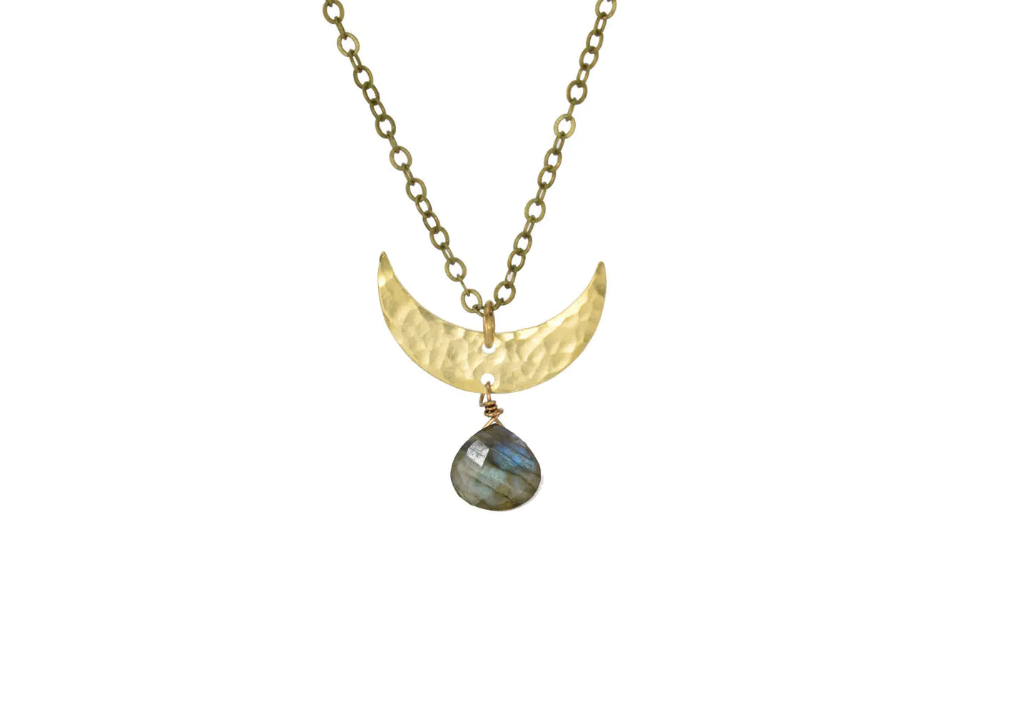 Labradorite Hammered Crescent Moon Necklace