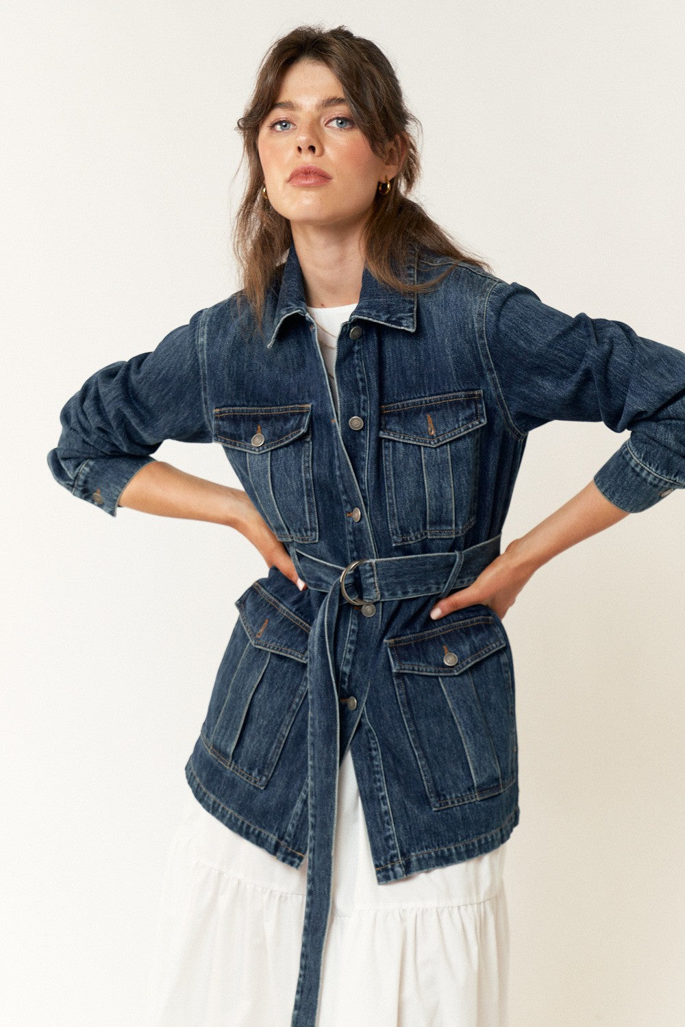 Double Pocket Tie Denim Jacket Top