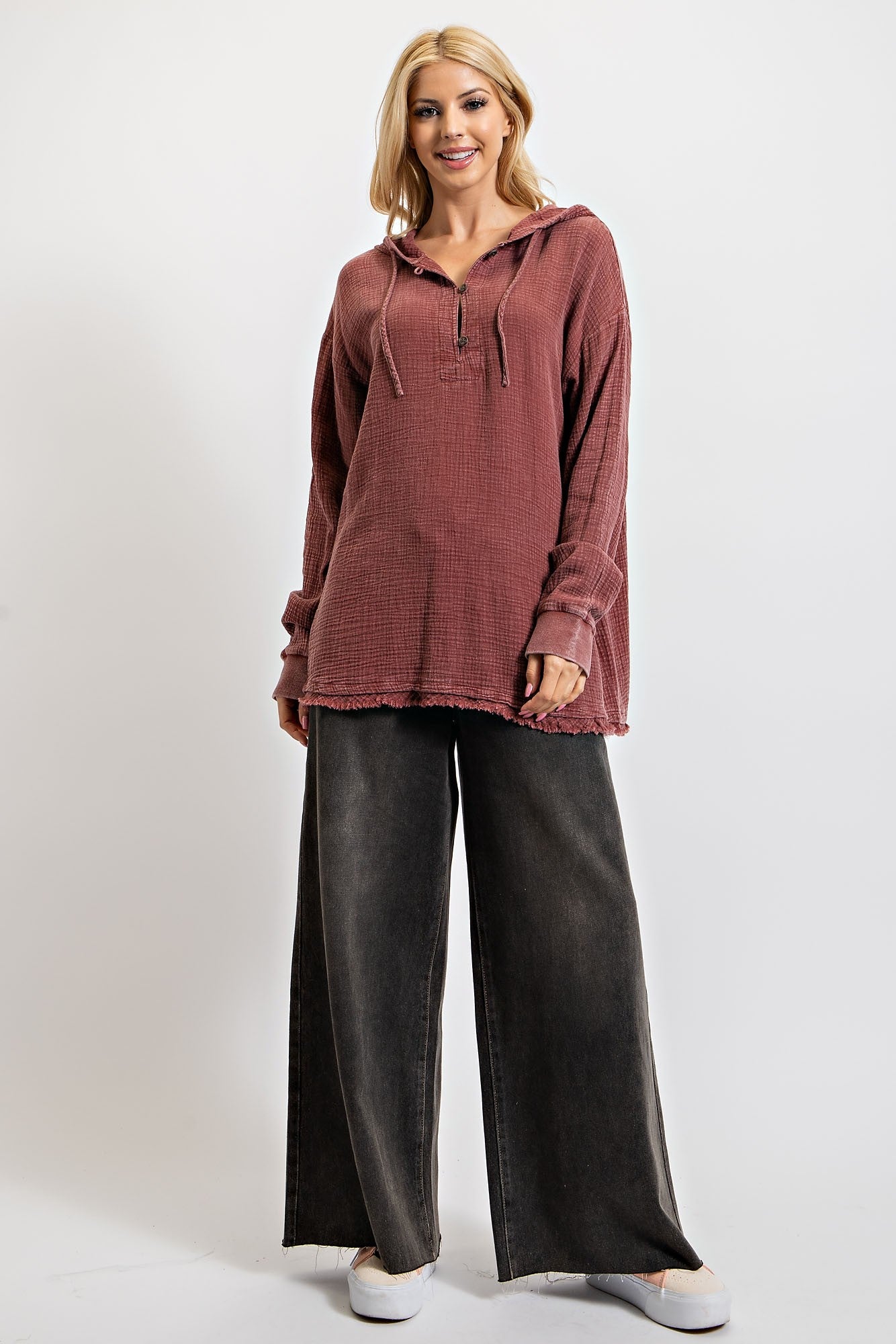 Washed Cotton Gauze Pullover Hoodie PLUS