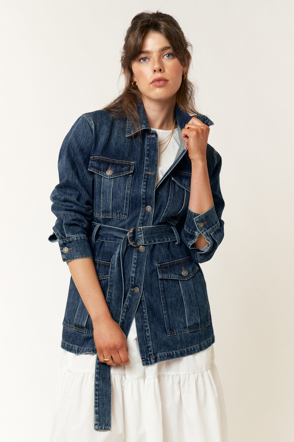 Double Pocket Tie Denim Jacket Top