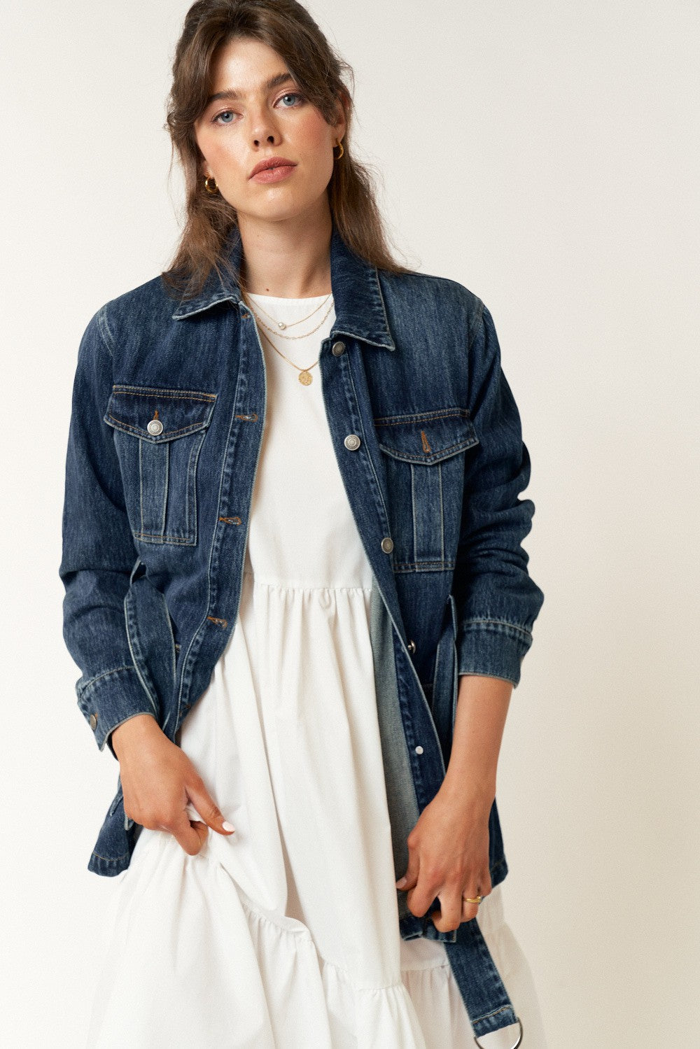 Double Pocket Tie Denim Jacket Top