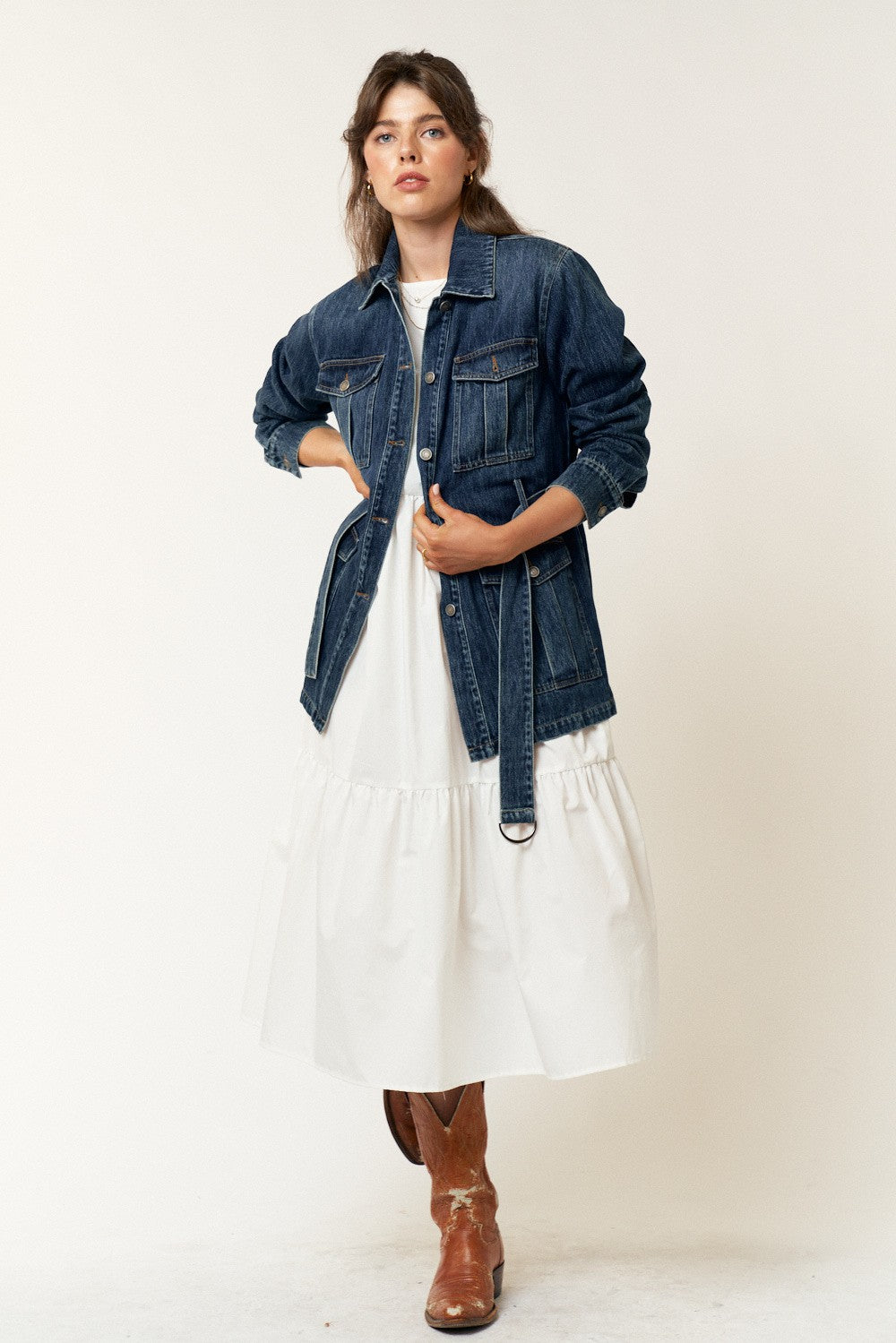 Double Pocket Tie Denim Jacket Top