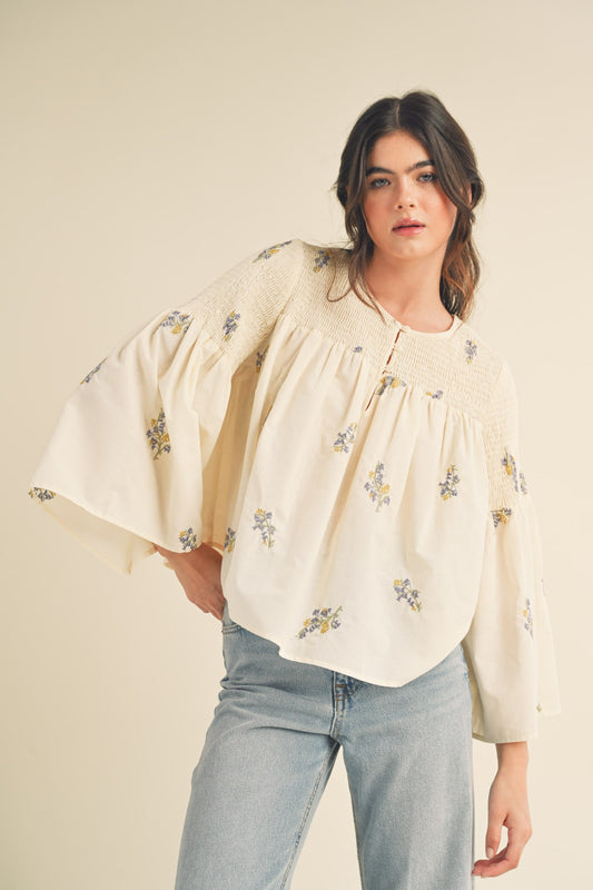 Embroidered Flare Sleeve Top