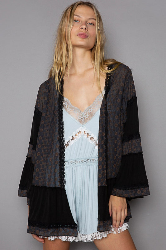 Lace Flare Sleeve Embroidered Open Cardi