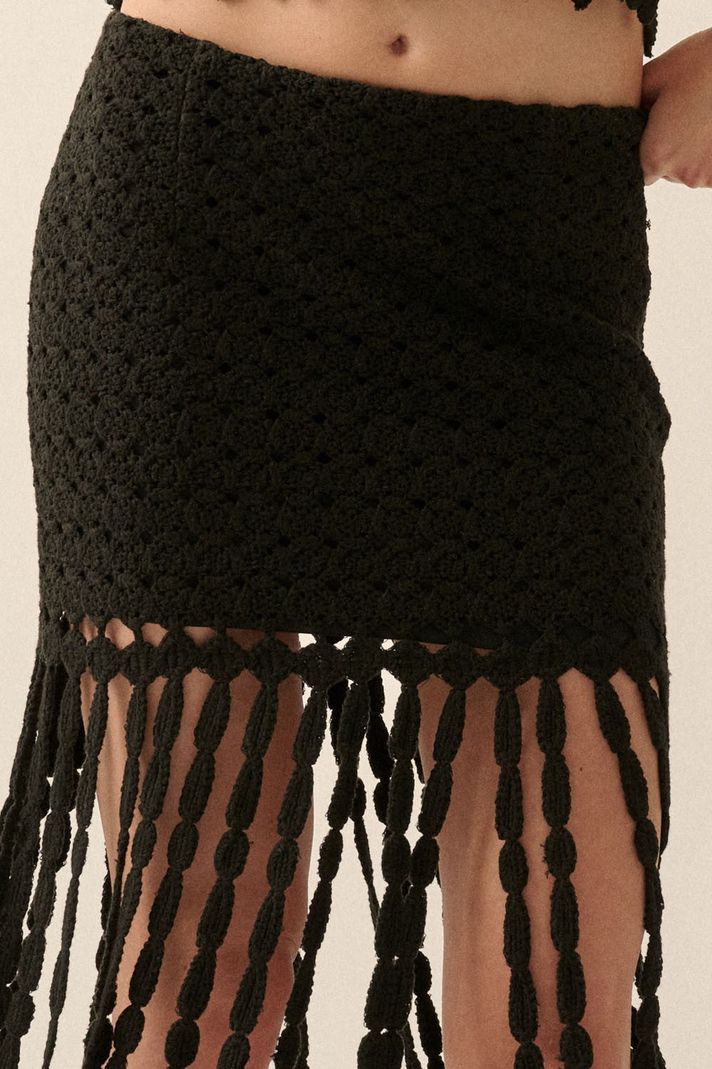 Crochet Eyelet Knit Fringe Maxi Skirt