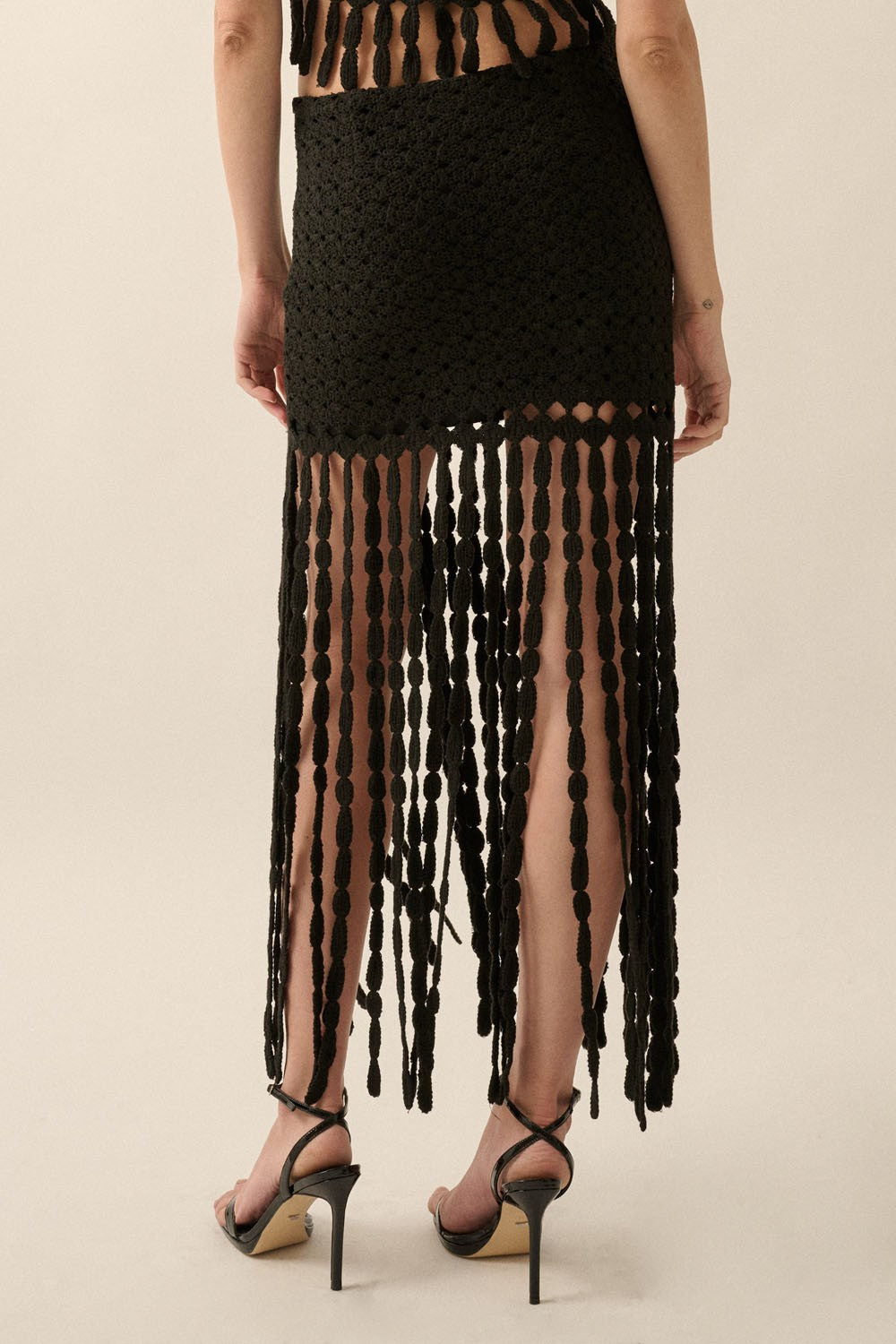 Crochet Eyelet Knit Fringe Maxi Skirt