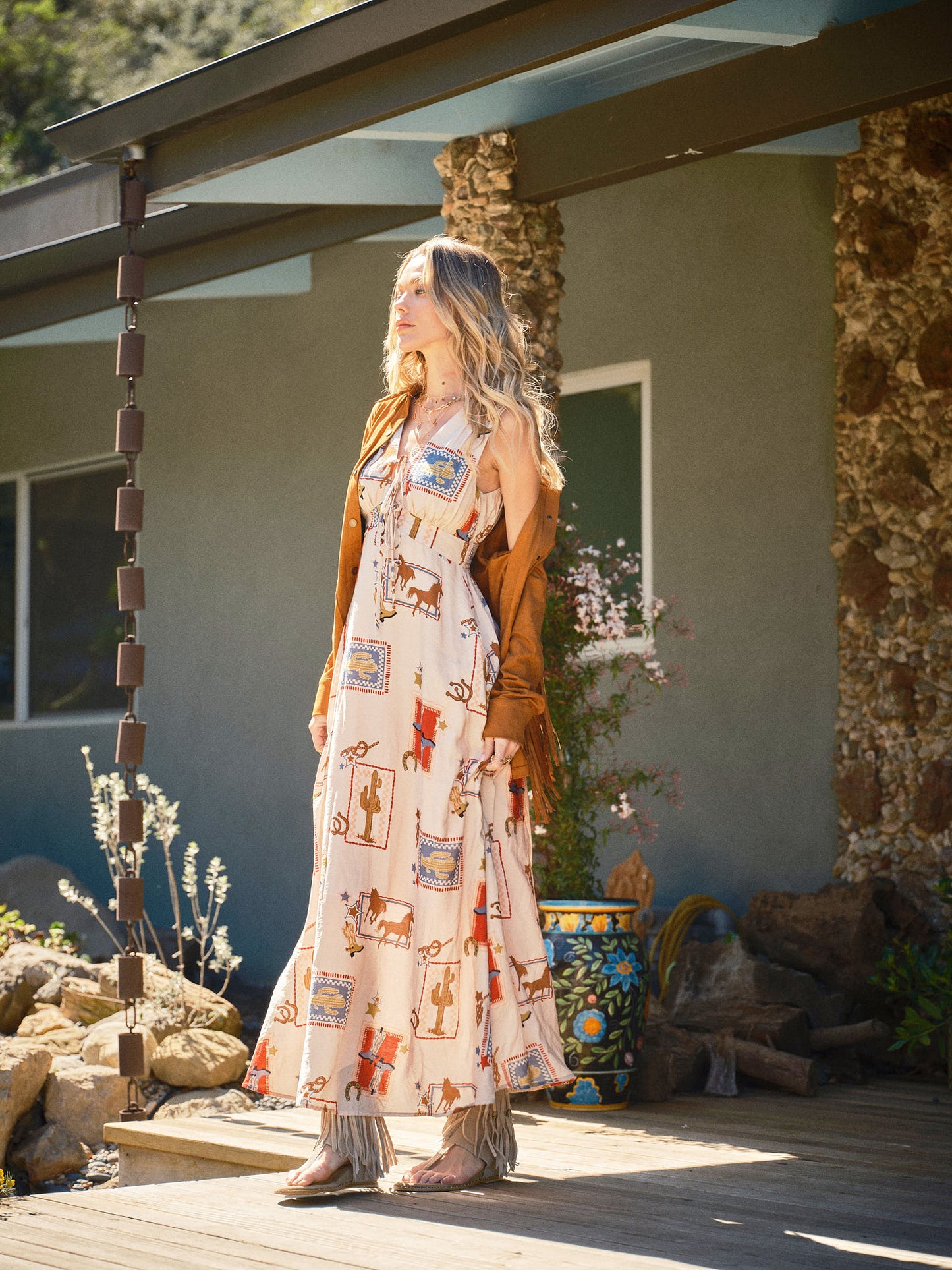 Western Motif Tie Front Maxi Dress