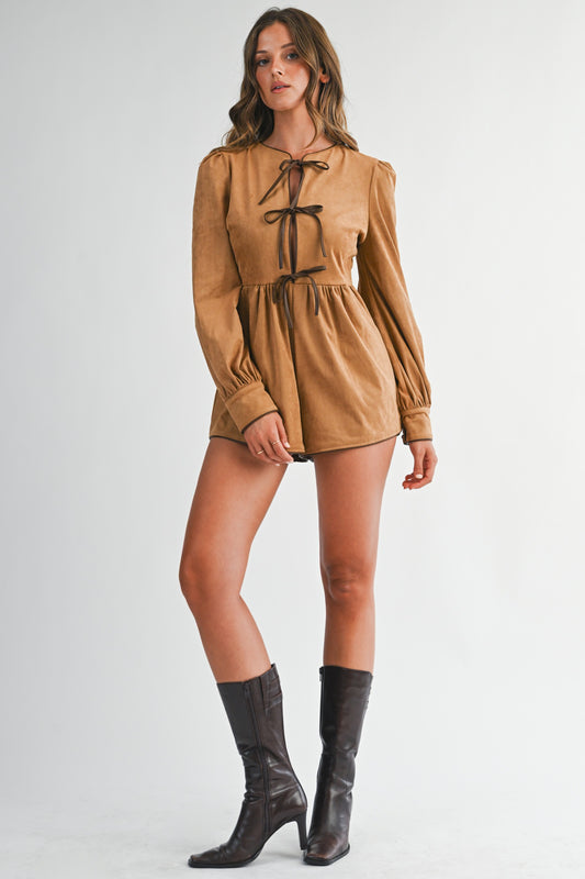Suede Feel Front Tie Romper